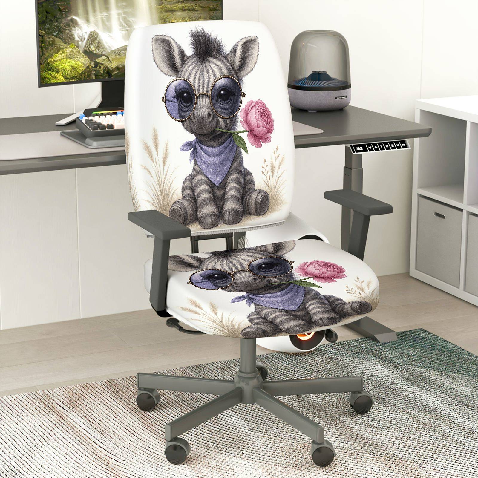 2-Piece Cute Animal Floral Pattern  Computer Chair Cover Set, Seat and Backrest