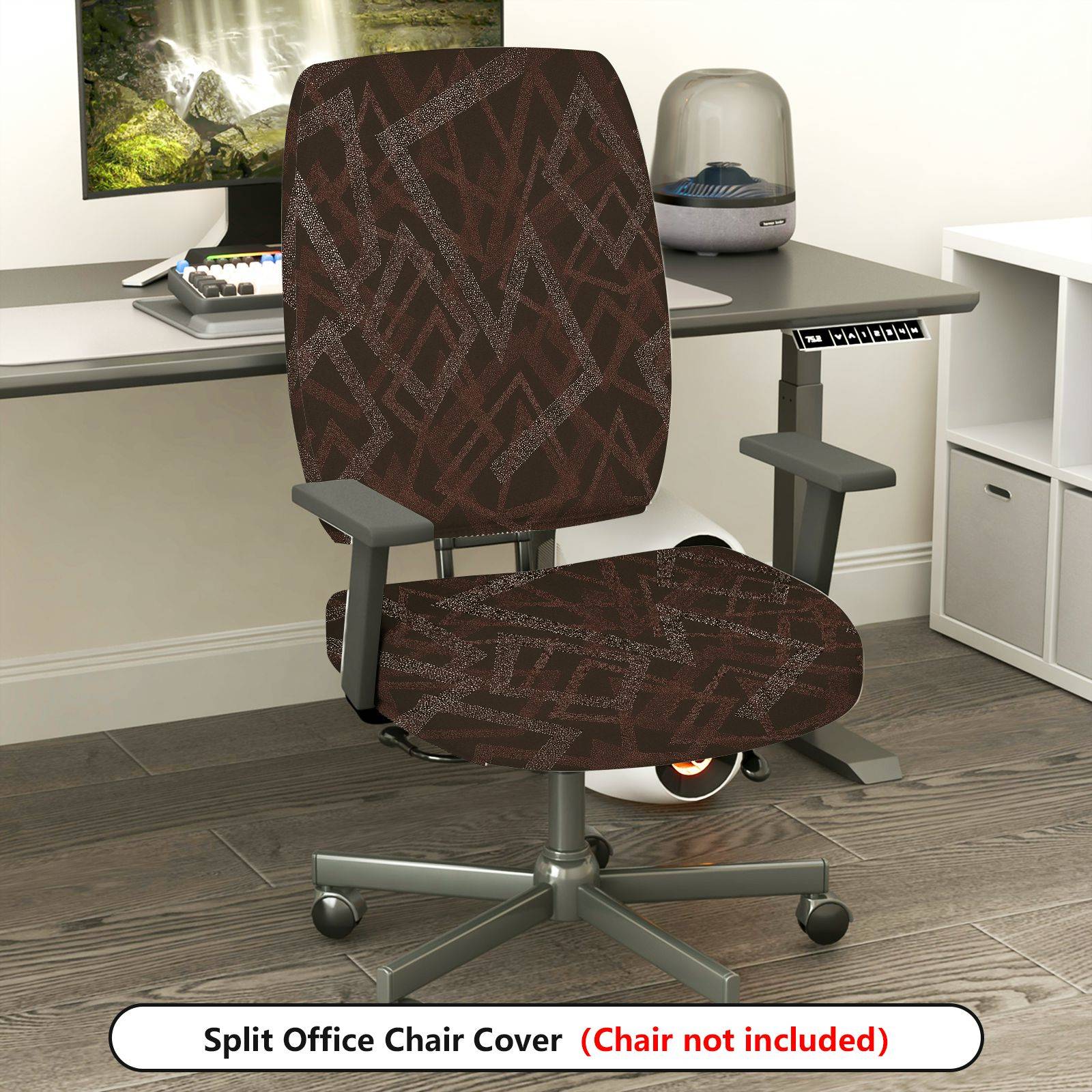 2-Piece Geometric Pattern Dark Brown  Computer Chair Cover Set, Seat and Backrest
