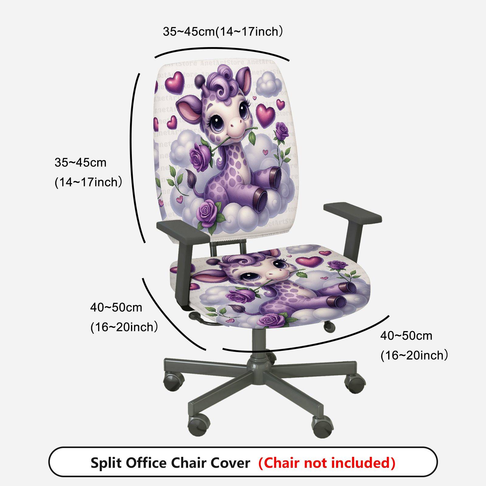 2-Piece Cute Fantasy Animal Hearts Clouds Roses  Computer Chair Cover Set, Seat and Backrest