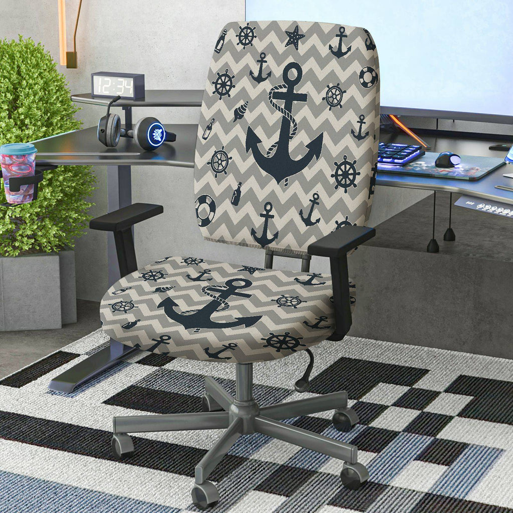 2-Piece Anchor Steering Wheel Chevron Pattern Star Marine Theme  Computer Chair Cover Set, Seat and Backrest