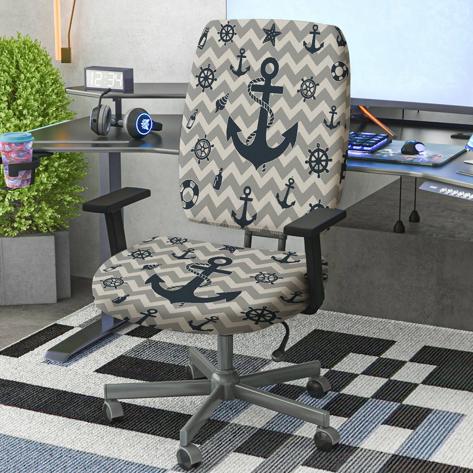 2-Piece Anchor Steering Wheel Chevron Pattern Star Marine Theme  Computer Chair Cover Set, Seat and Backrest