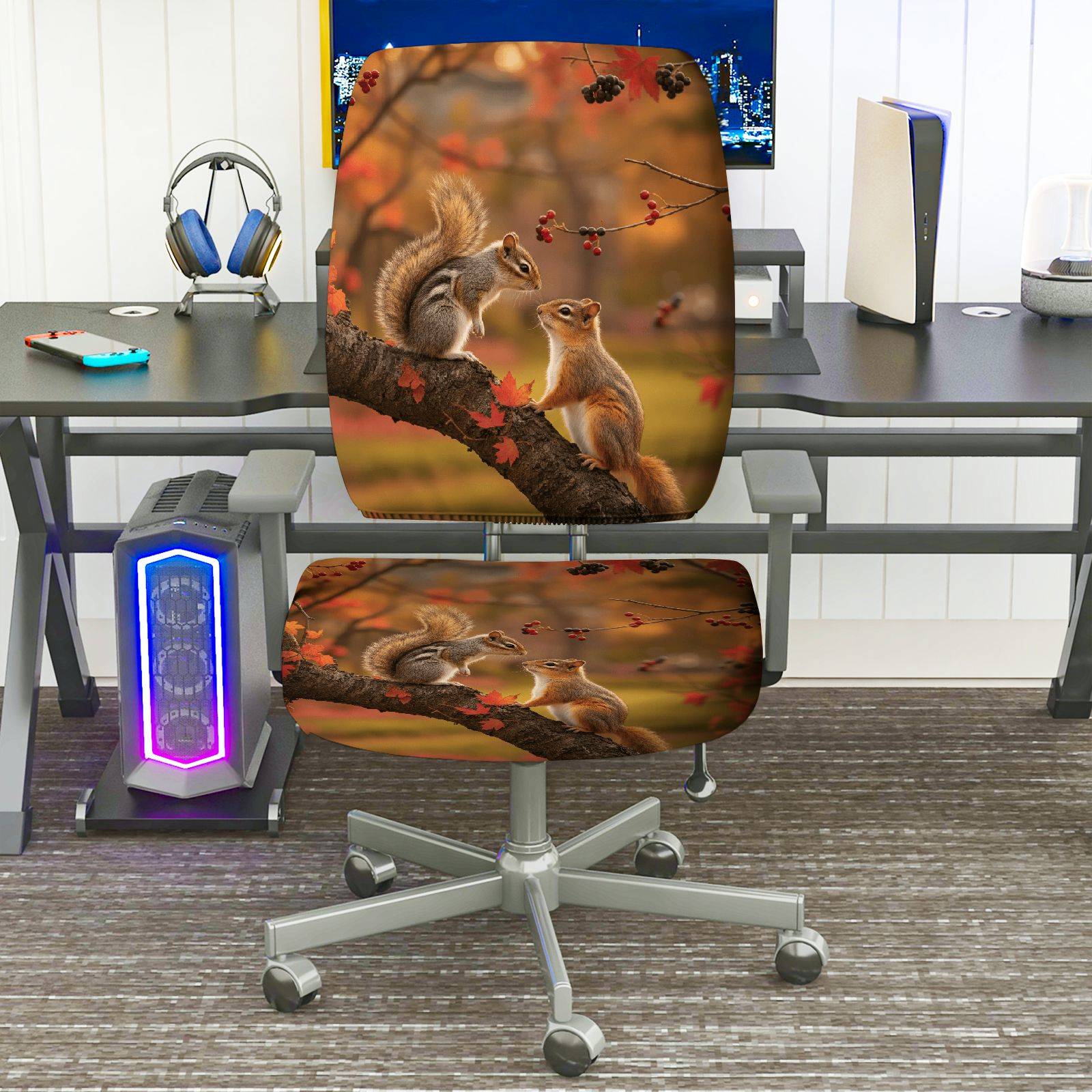 2-Piece Autumn Squirrel Woodland Nature Wildlife  Computer Chair Cover Set, Seat and Backrest