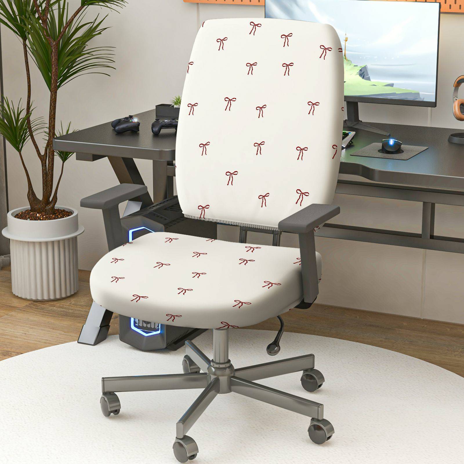 2-Piece White Red Bowknot Decorative  Computer Chair Cover Set, Seat and Backrest