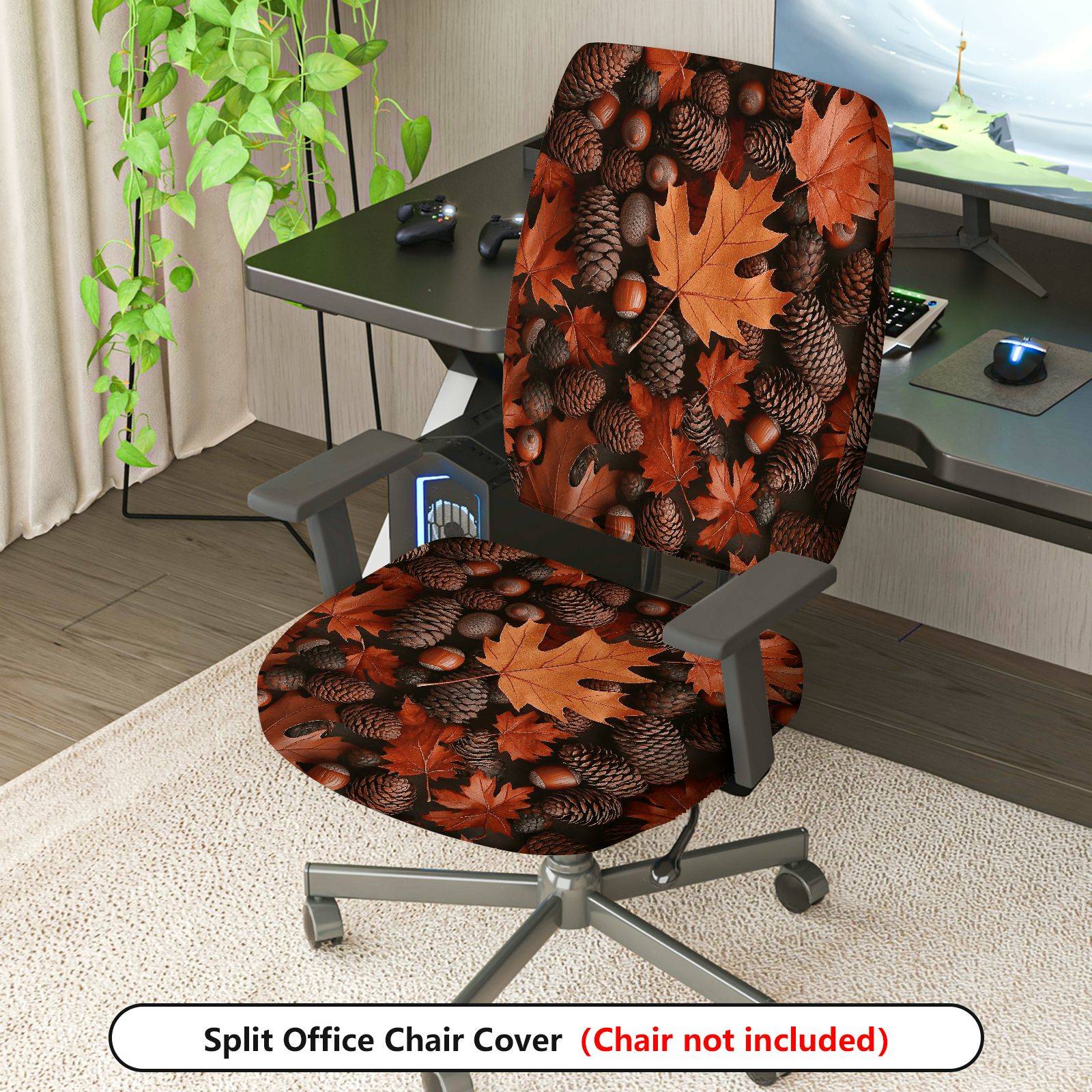 2-Piece Autumn Leaves Pinecones Acorns Fall Decorative  Computer Chair Cover Set, Seat and Backrest