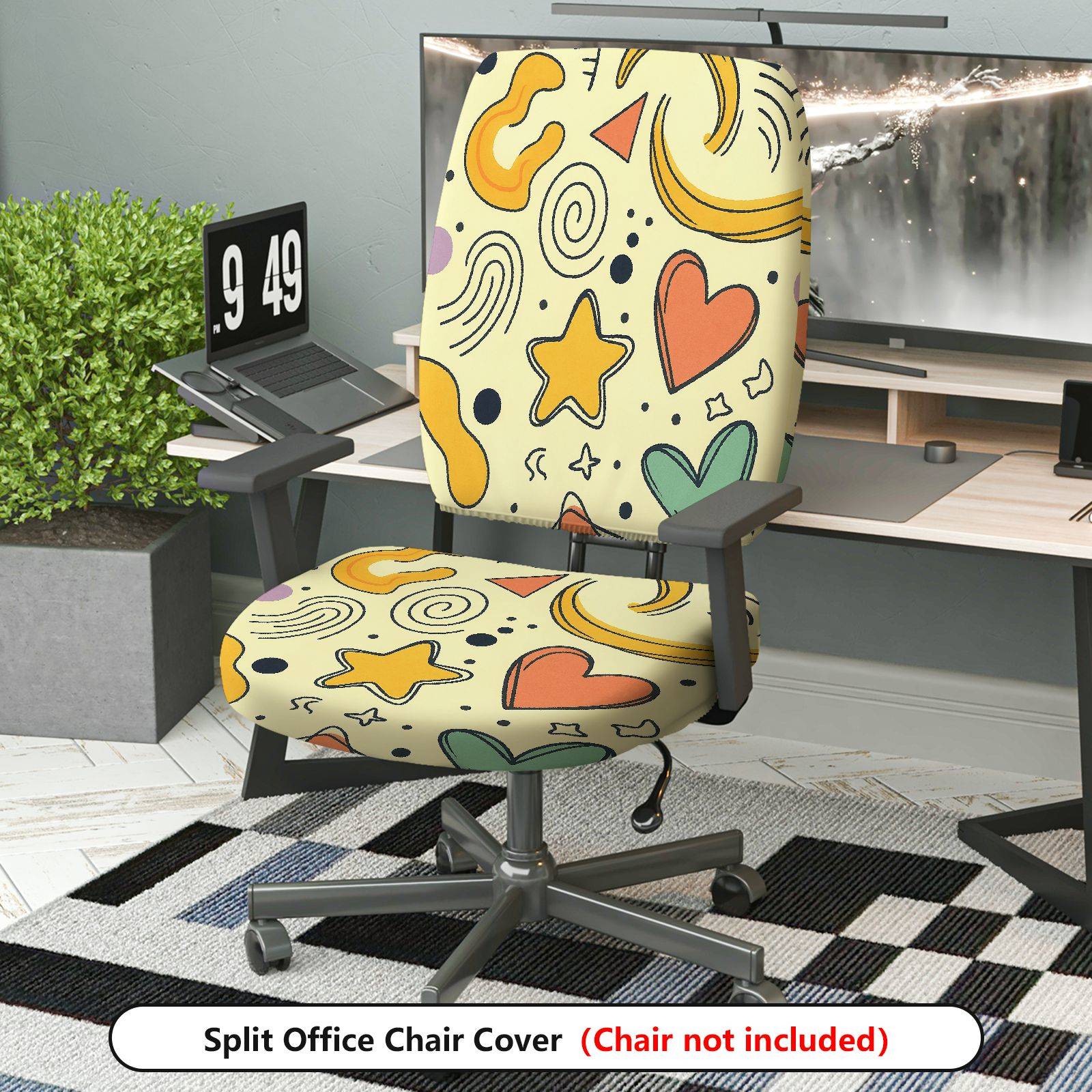 2-Piece Abstract Hearts Stars Swirls Yellow  Computer Chair Cover Set, Seat and Backrest
