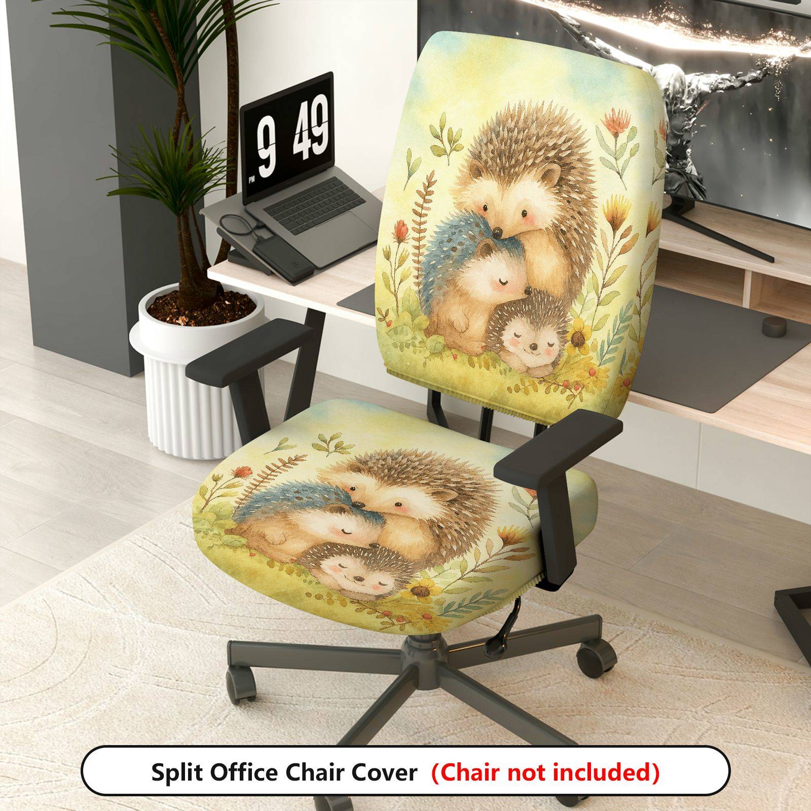 2-Piece Animal Pattern Cute Hedgehog Nature Floral  Computer Chair Cover Set, Seat and Backrest