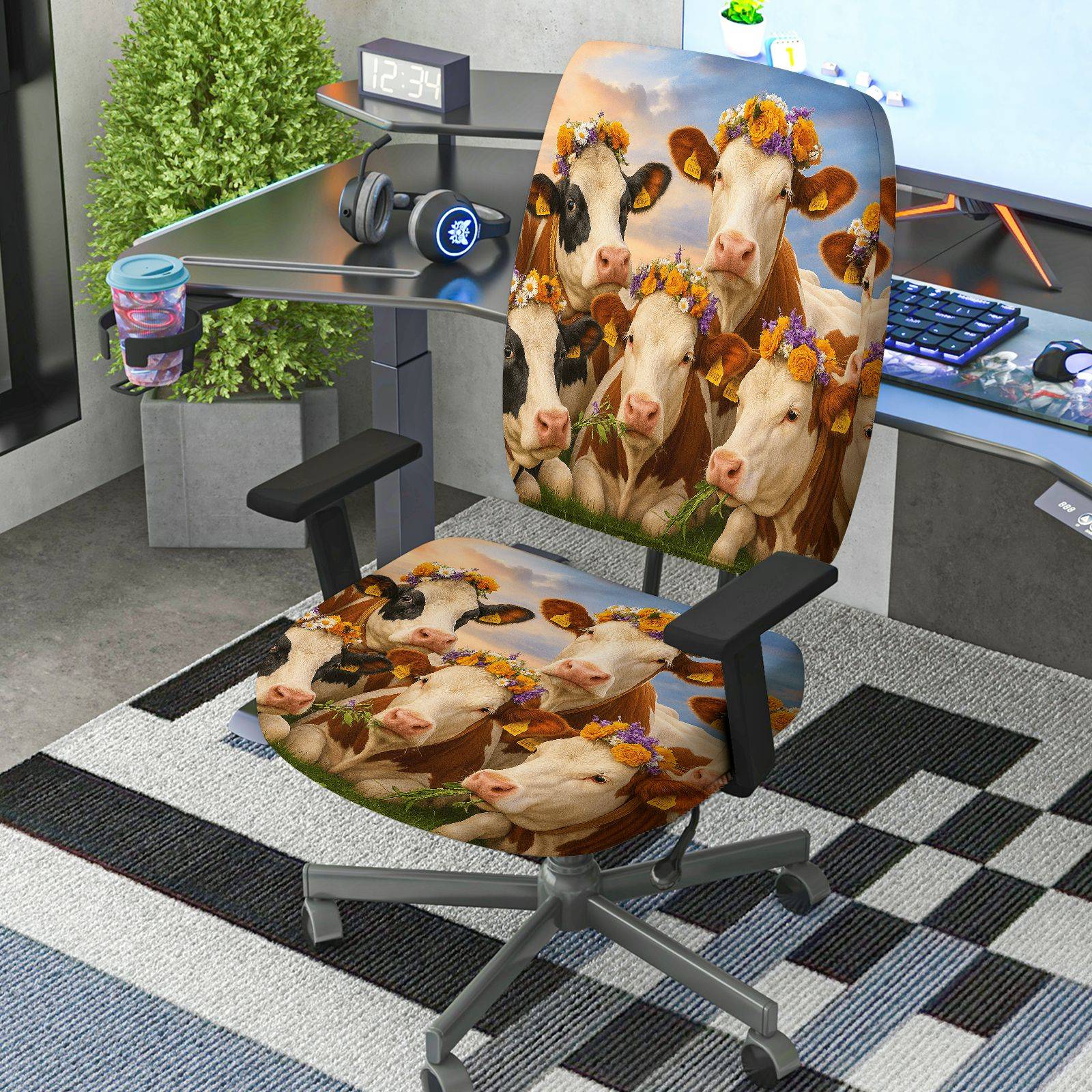 2-Piece Animal Nature Floral Art Cow  Computer Chair Cover Set, Seat and Backrest