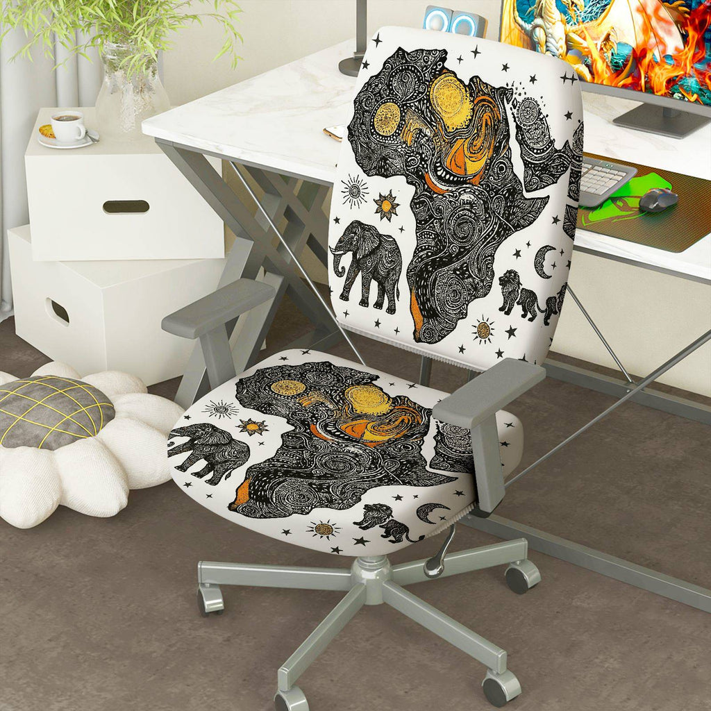 2-Piece African Continent Elephant Star Sun Moon  Computer Chair Cover Set, Seat and Backrest