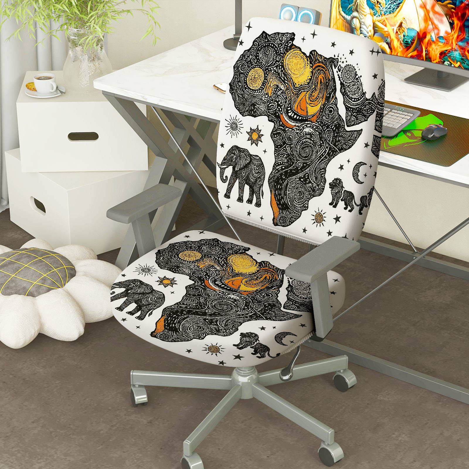 2-Piece African Continent Elephant Star Sun Moon  Computer Chair Cover Set, Seat and Backrest