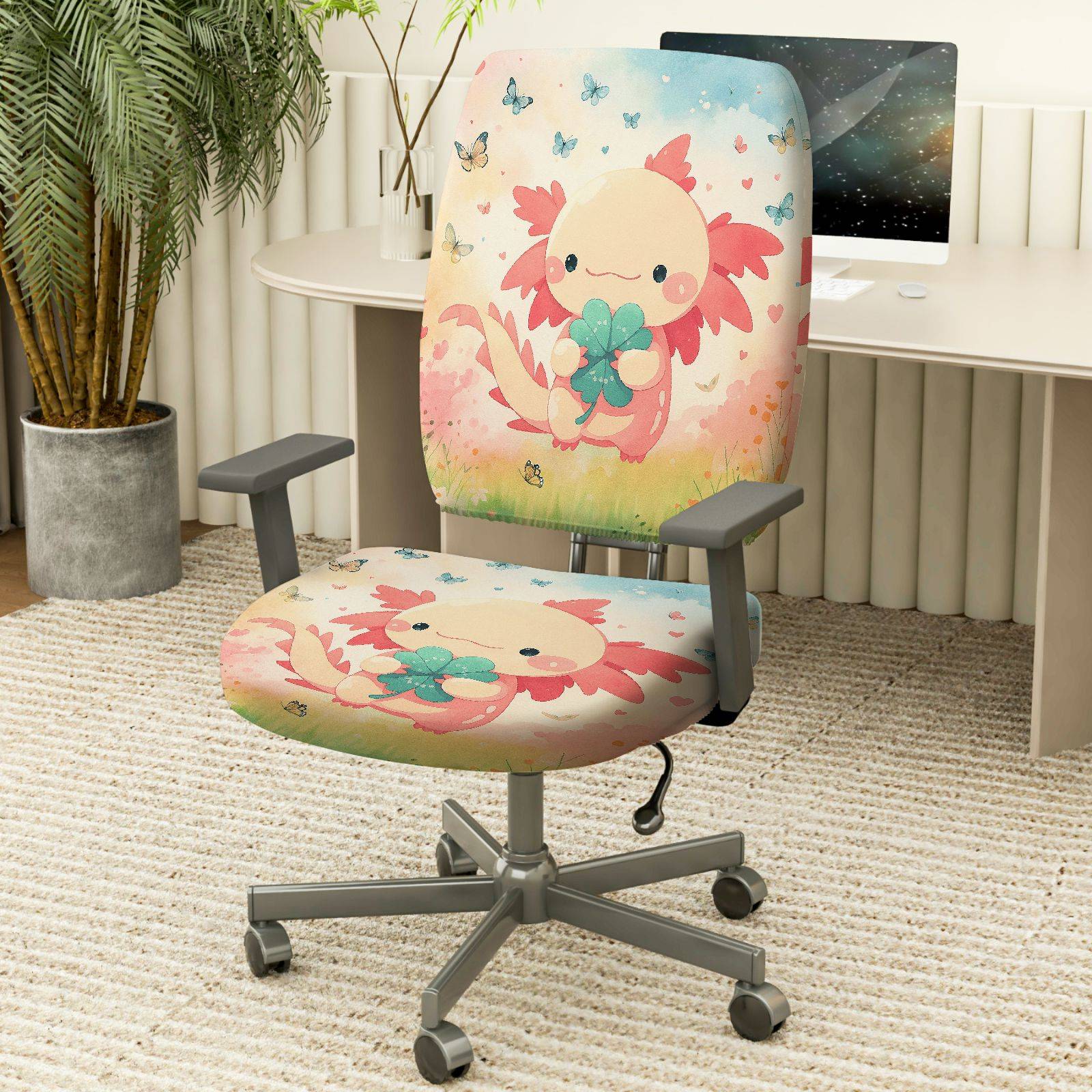 2-Piece Cute Axolotl Clover Flowers Butterflies  Computer Chair Cover Set, Seat and Backrest