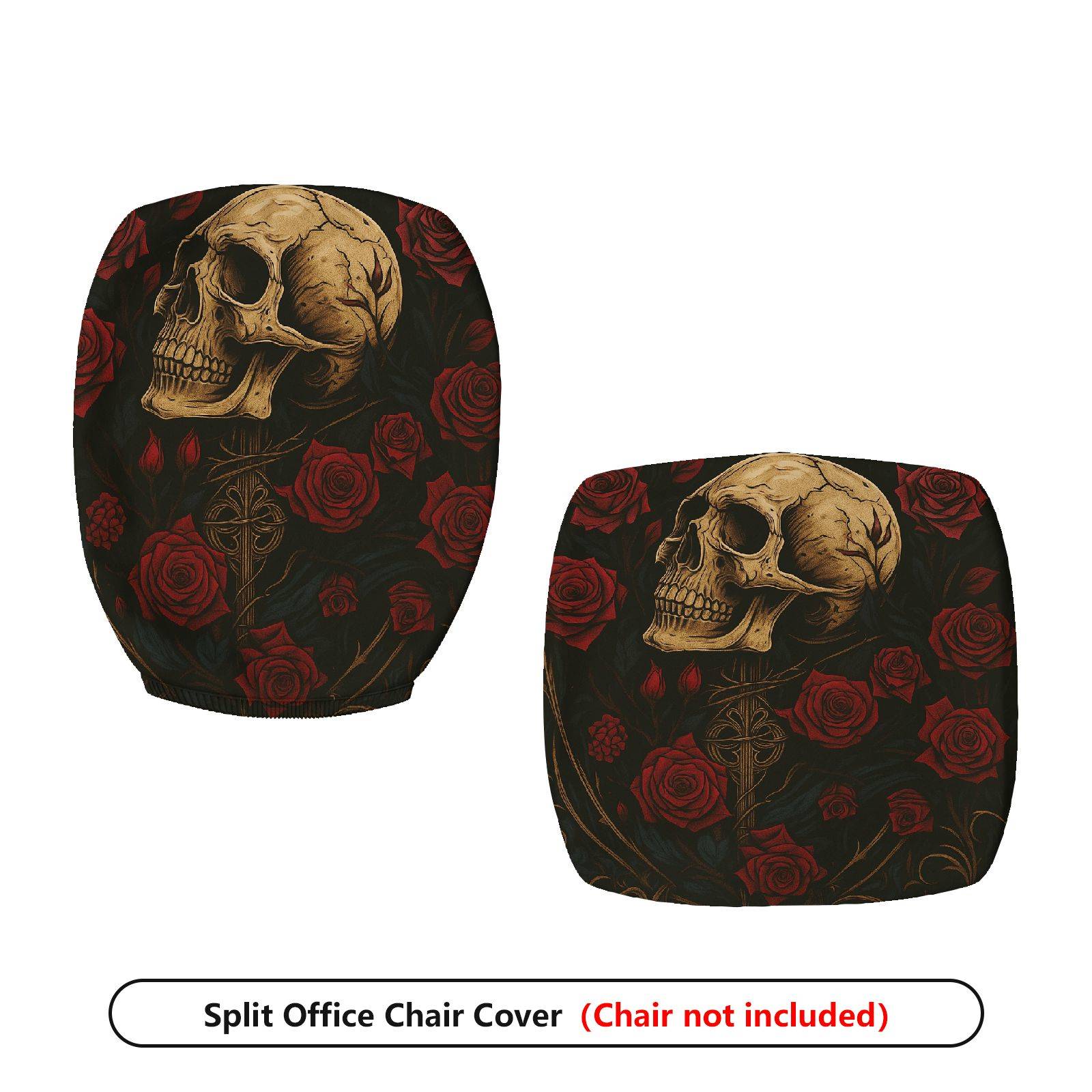 2-Piece Gothic Skull Floral Rose Black  Computer Chair Cover Set, Seat and Backrest
