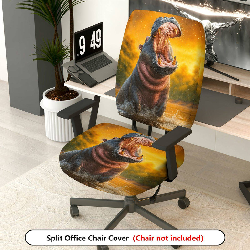 2-Piece Animal Nature Art Hippo Wildlife Vibrant  Computer Chair Cover Set, Seat and Backrest