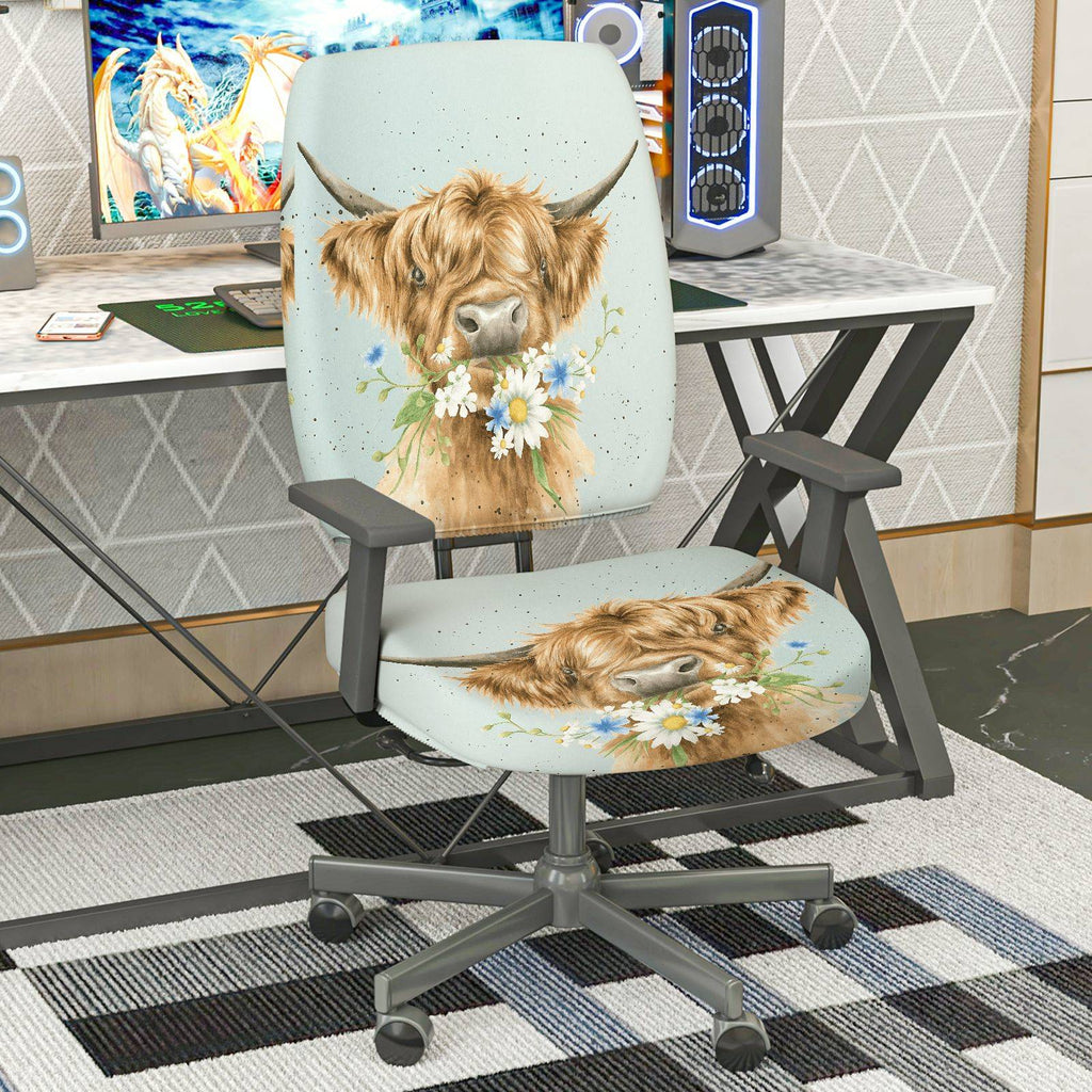 2-Piece Cute Animal Highland Cow Floral Printed Pastoral Style  Computer Chair Cover Set, Seat and Backrest