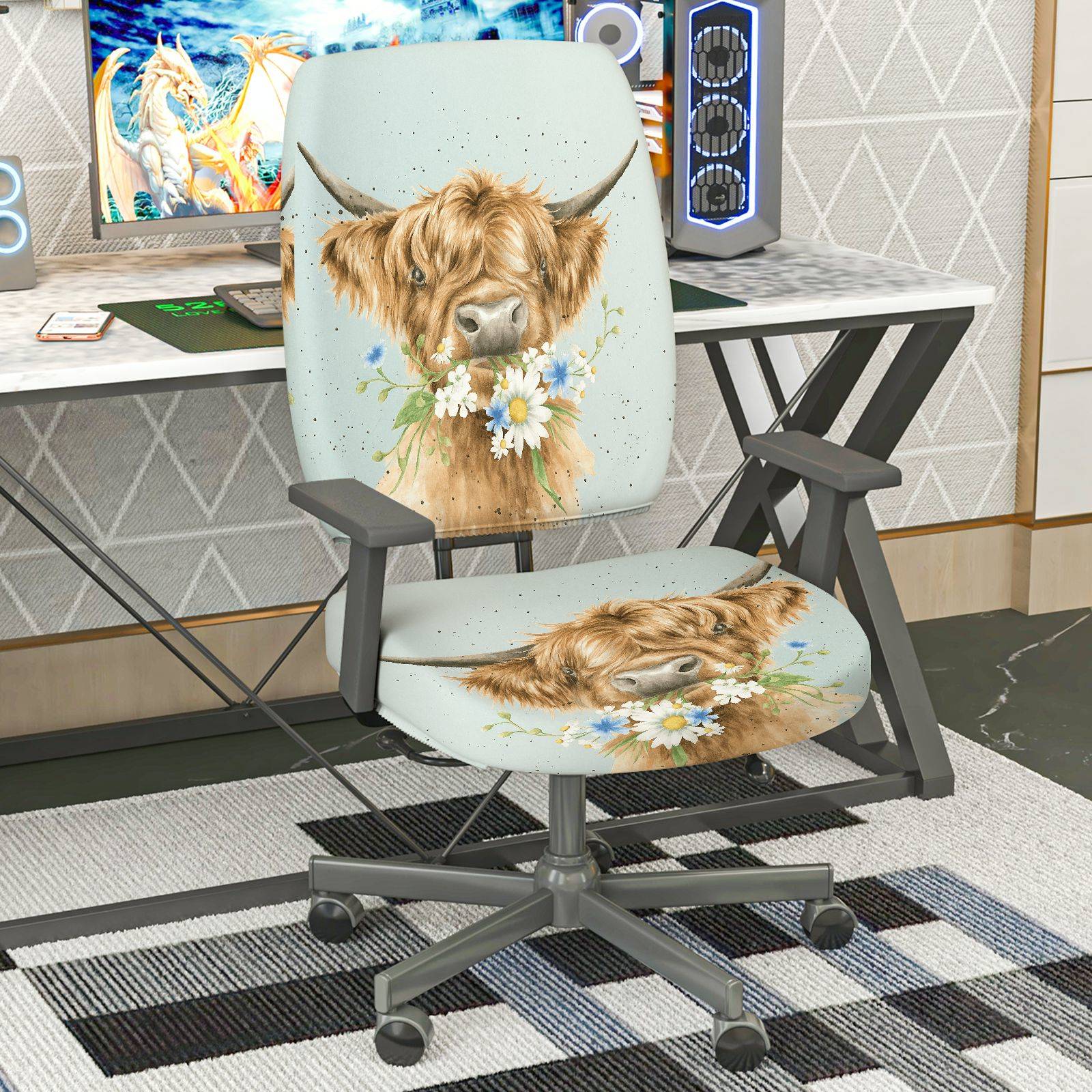2-Piece Cute Animal Highland Cow Floral Printed Pastoral Style  Computer Chair Cover Set, Seat and Backrest