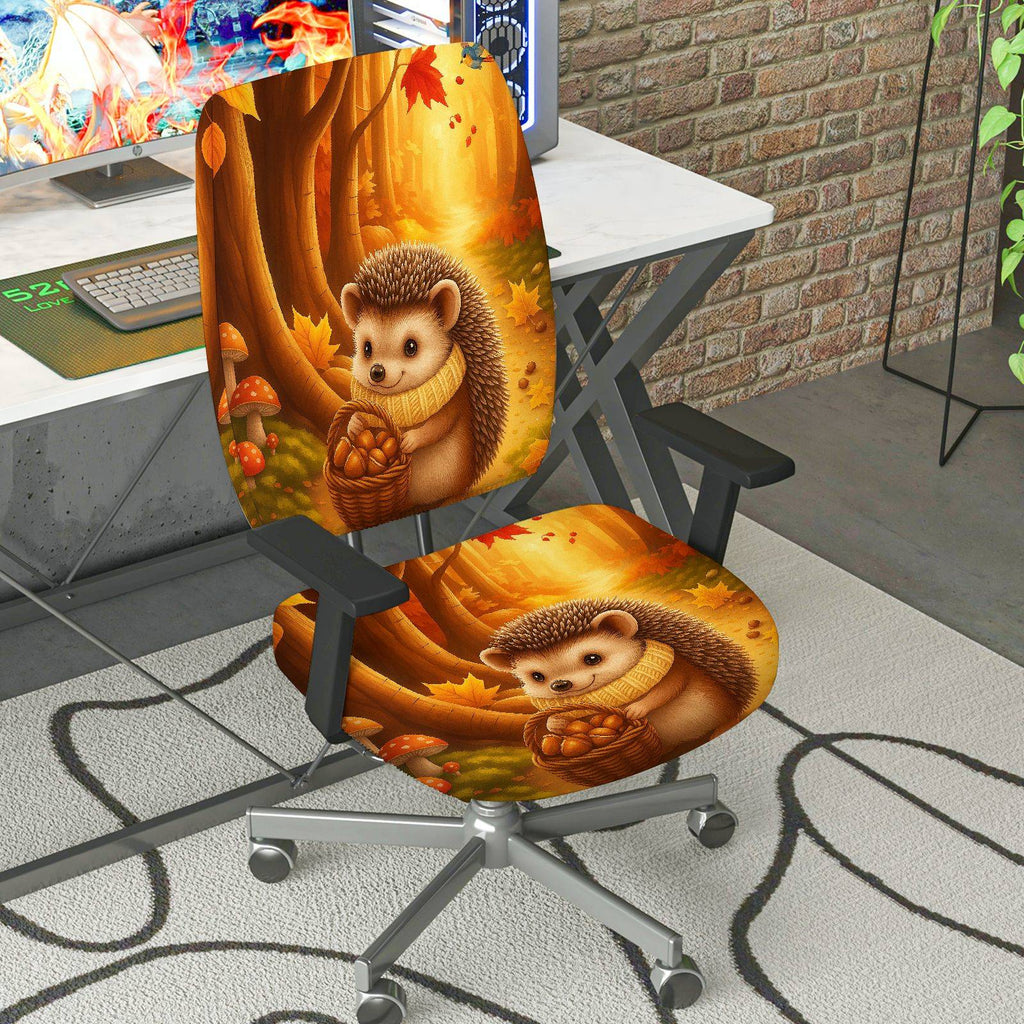 2-Piece Autumn Hedgehog Forest Leaves Harvest  Computer Chair Cover Set, Seat and Backrest