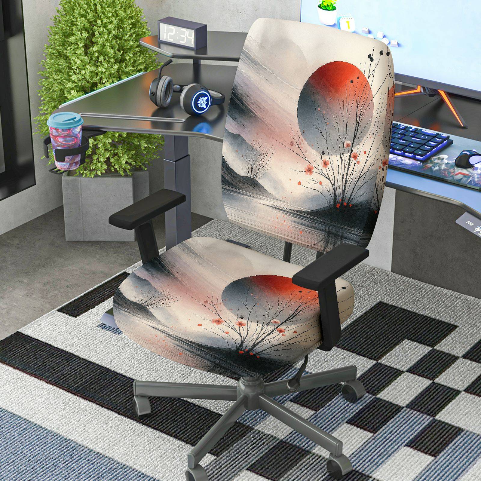 2-Piece Abstract Zen Nature Moon Artistic  Computer Chair Cover Set, Seat and Backrest