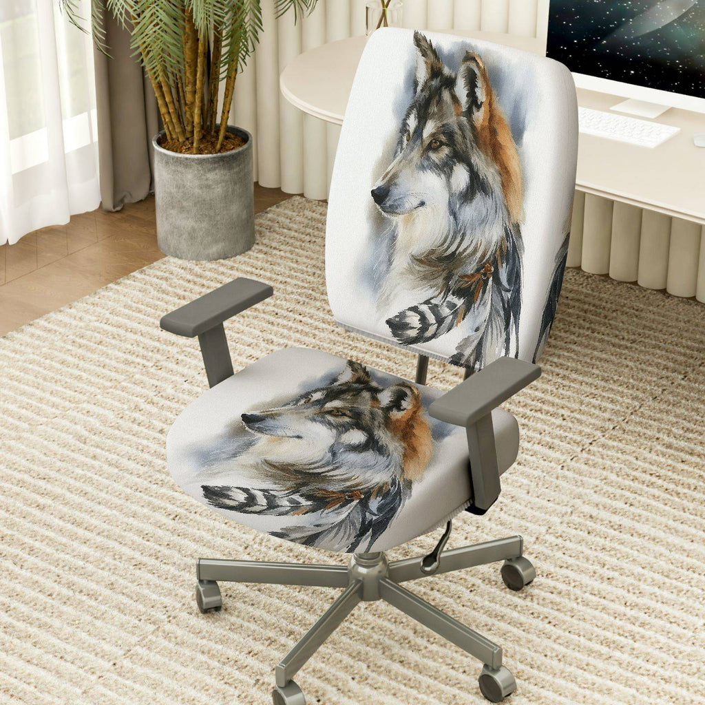 2-Piece Wolf Animal Feather Art Nature Tribal  Computer Chair Cover Set, Seat and Backrest