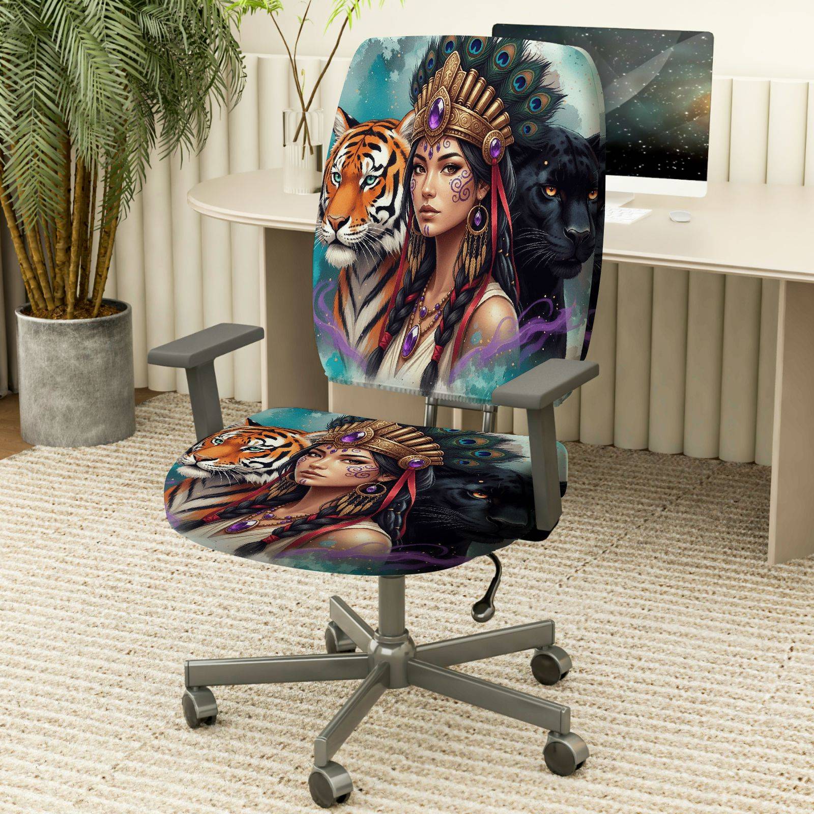 2-Piece Animal Art Tribal Peacock Panther Tiger  Computer Chair Cover Set, Seat and Backrest