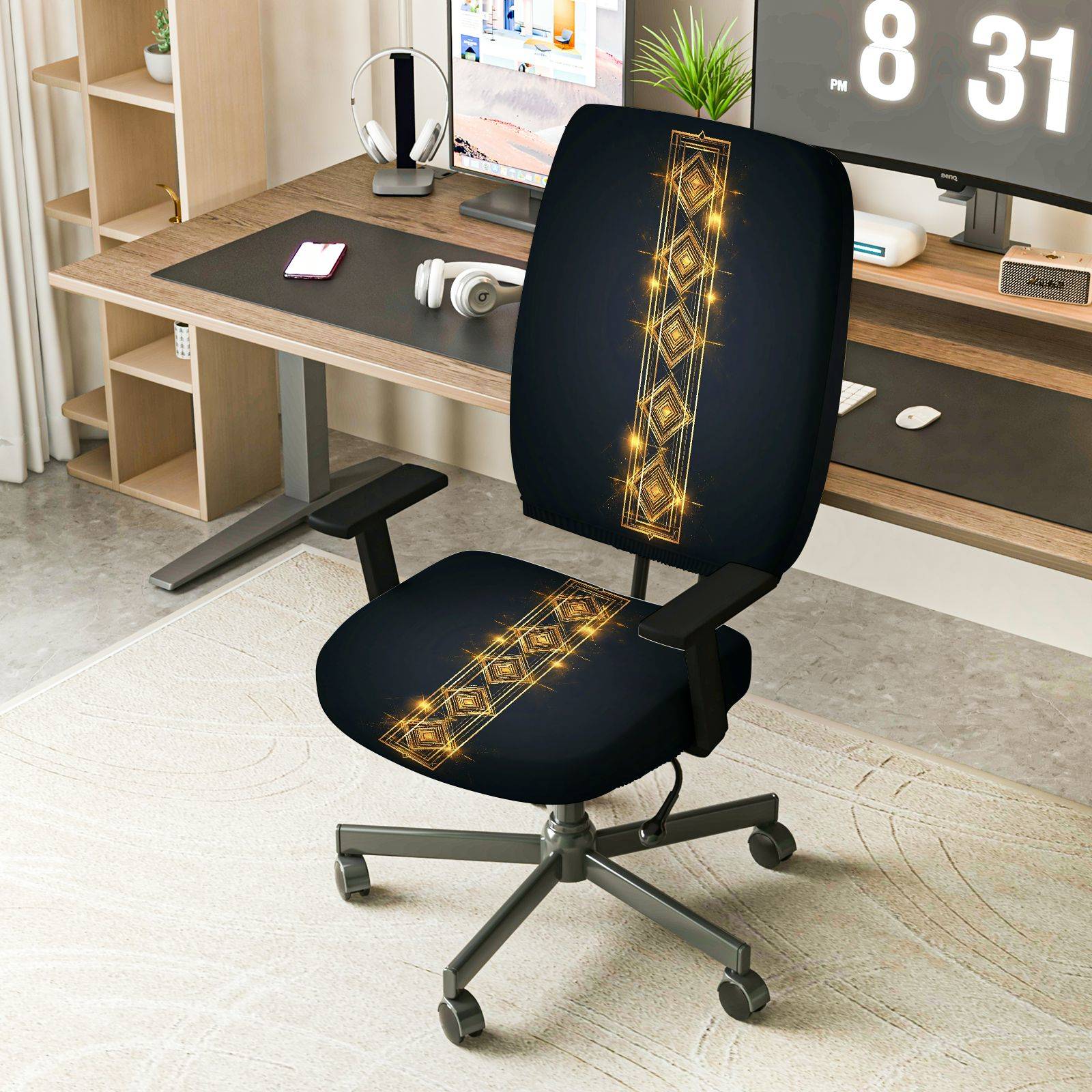 2-Piece Geometric Golden Glitter Pattern Modern Stylish Chic  Computer Chair Cover Set, Seat and Backrest