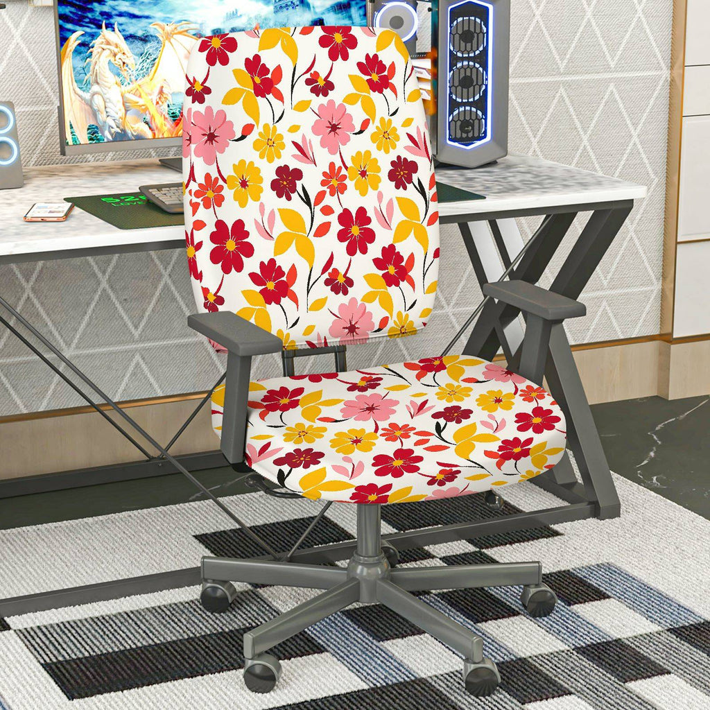 2-Piece Floral Pattern Red Yellow Pink Decorative  Computer Chair Cover Set, Seat and Backrest