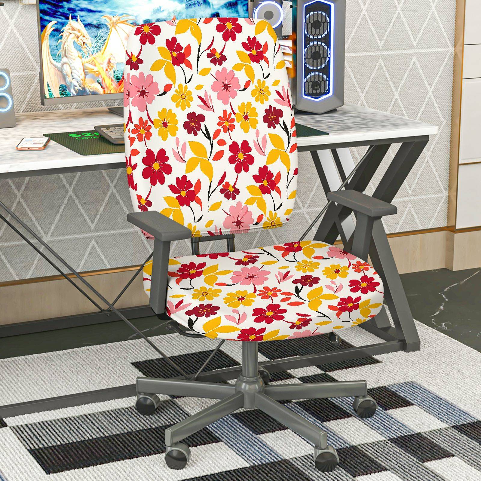 2-Piece Floral Pattern Red Yellow Pink Decorative  Computer Chair Cover Set, Seat and Backrest