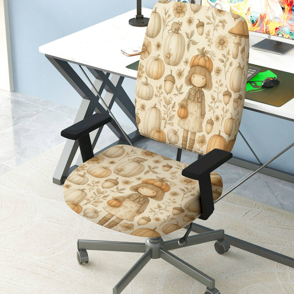 2-Piece Autumn Pumpkin Girl Floral Harvest  Computer Chair Cover Set, Seat and Backrest