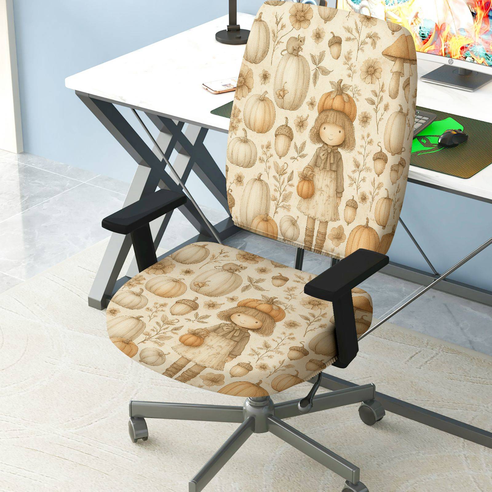 2-Piece Autumn Pumpkin Girl Floral Harvest  Computer Chair Cover Set, Seat and Backrest