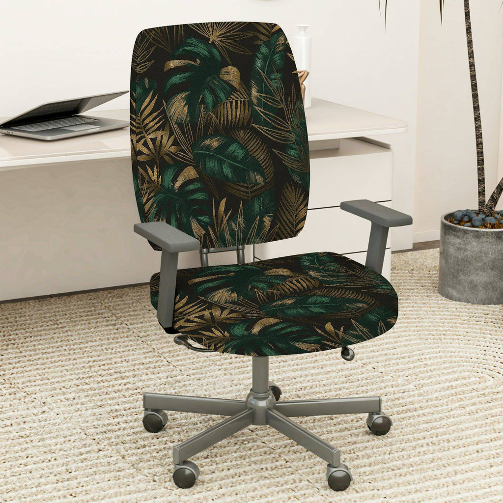 2-Piece Tropical Leaf Green Black Gold  Computer Chair Cover Set, Seat and Backrest