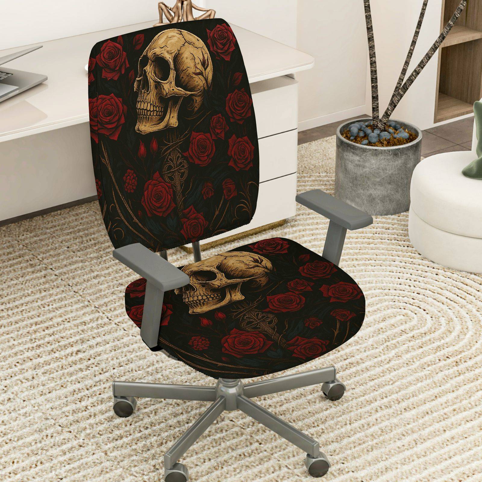 2-Piece Gothic Skull Floral Rose Black  Computer Chair Cover Set, Seat and Backrest