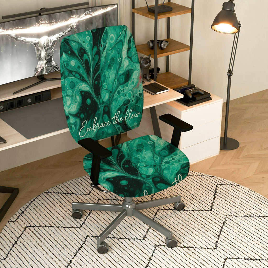 2-Piece Abstract Deep Green Artistic Inspirational Modern  Computer Chair Cover Set, Seat and Backrest