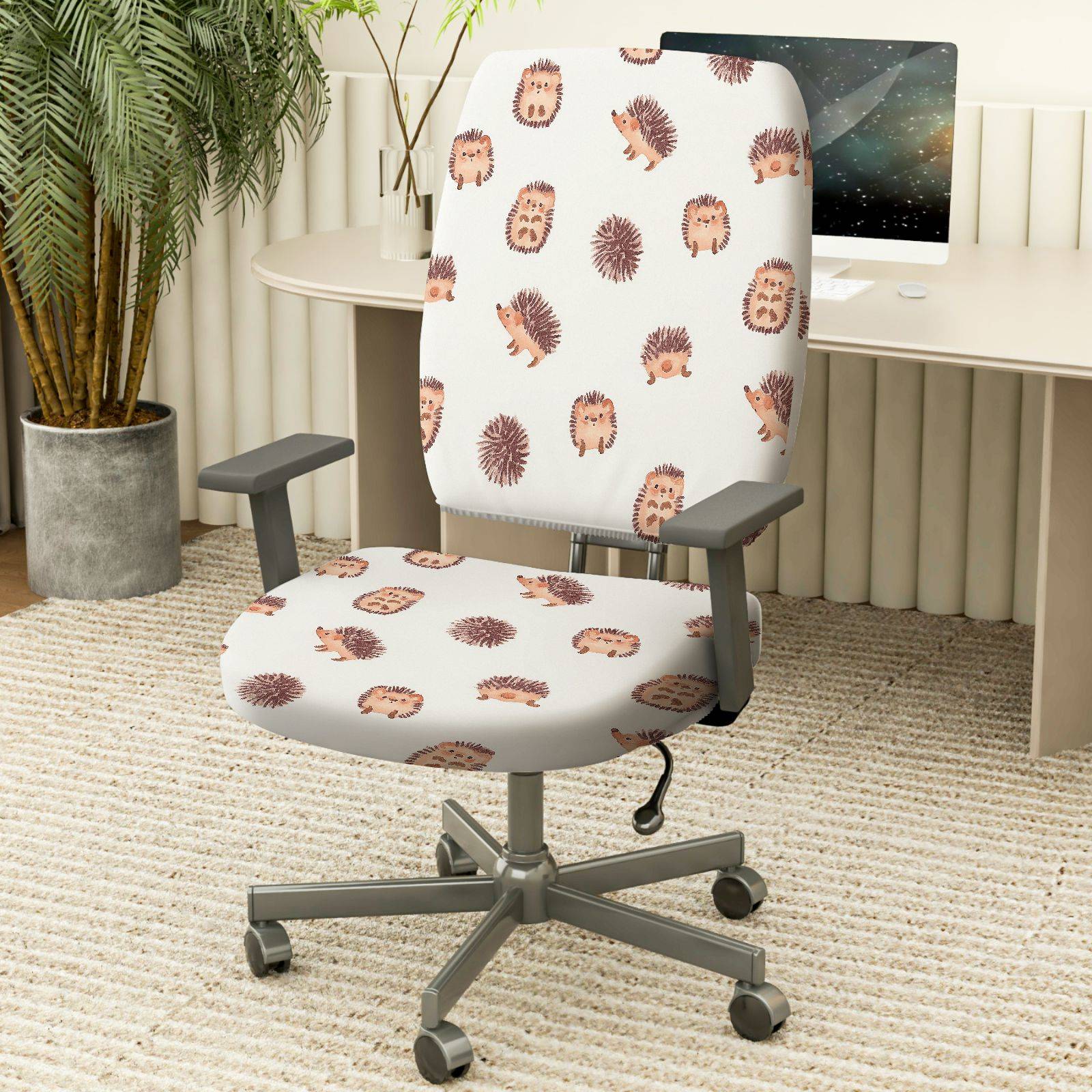 2-Piece Hedgehog Animal Pattern Cute Fun Whimsical  Computer Chair Cover Set, Seat and Backrest