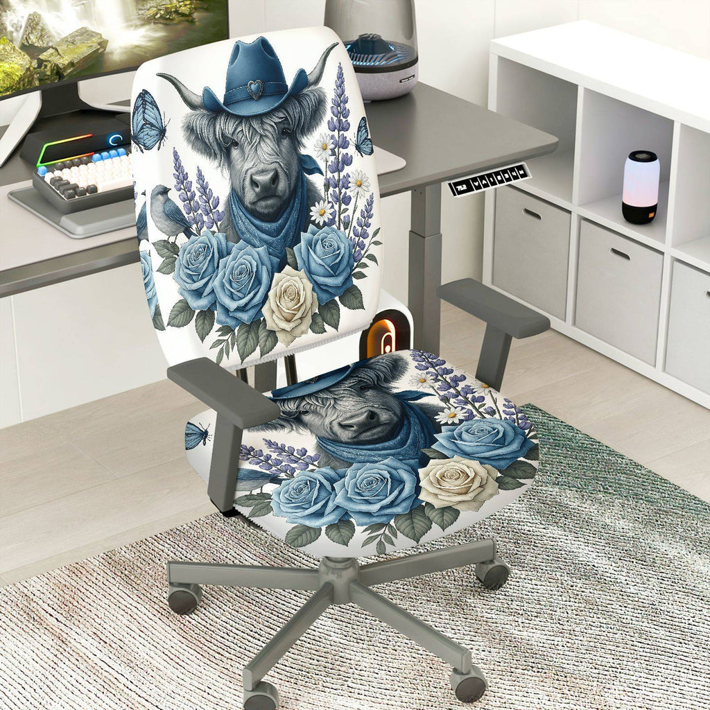 2-Piece Cowboy Blue Floral Animal Farm  Computer Chair Cover Set, Seat and Backrest