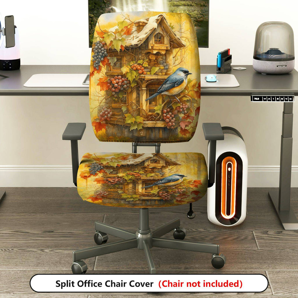 2-Piece Autumn Birdhouse Grapes Leaves Cozy Nature  Computer Chair Cover Set, Seat and Backrest