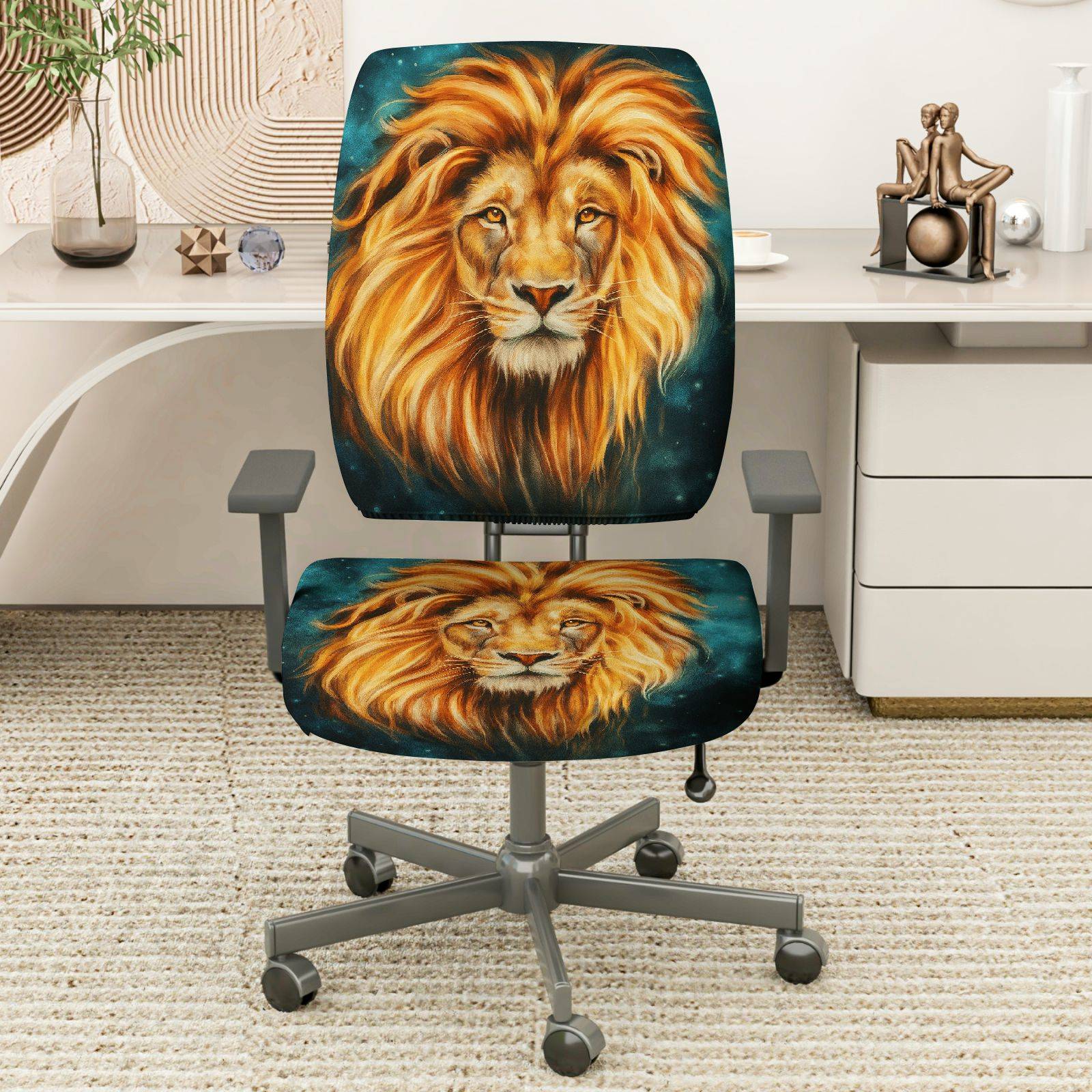 2-Piece Lion Animal Art Decorative Style Vibrant  Computer Chair Cover Set, Seat and Backrest
