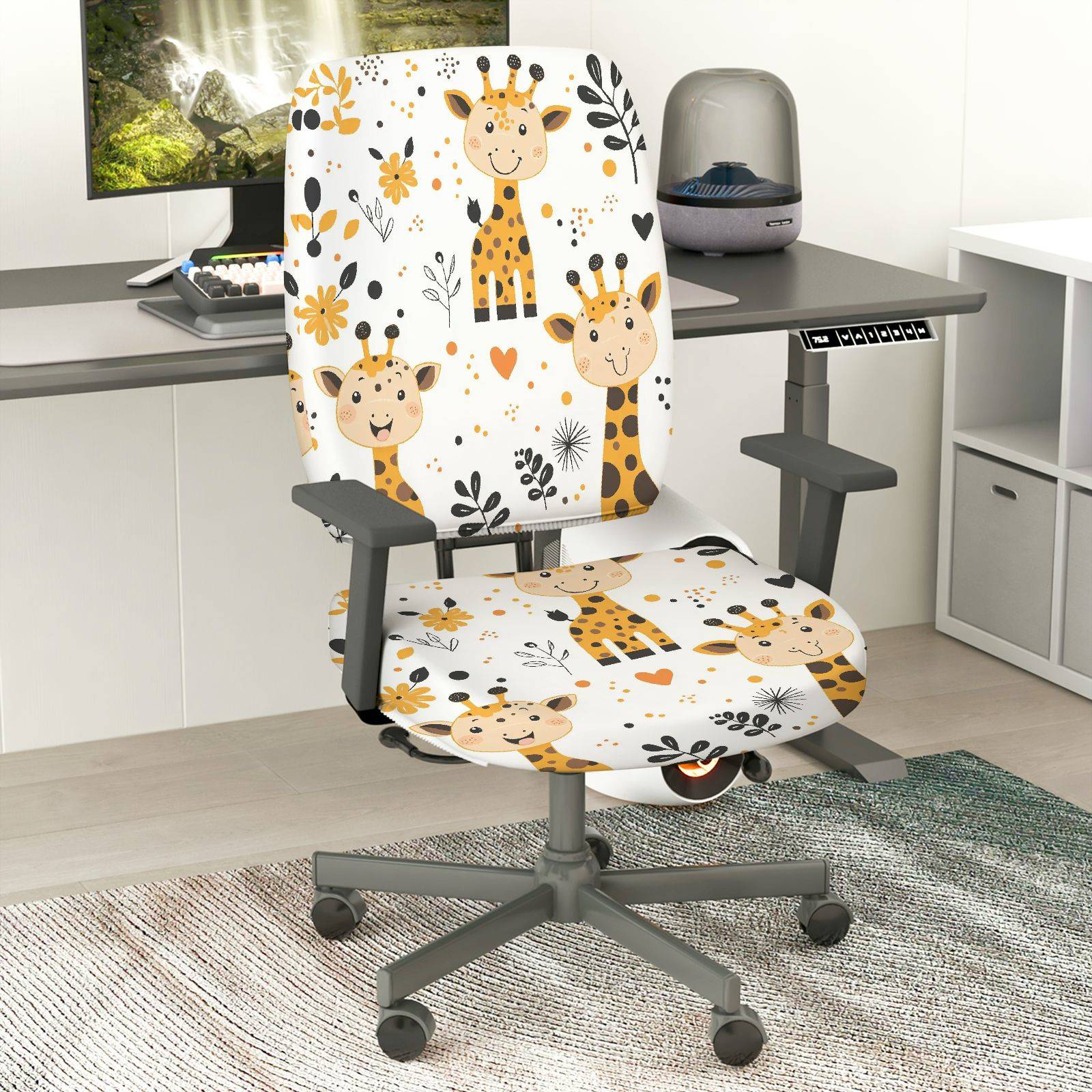 2-Piece Cute Animal Giraffe Floral Heart  Computer Chair Cover Set, Seat and Backrest