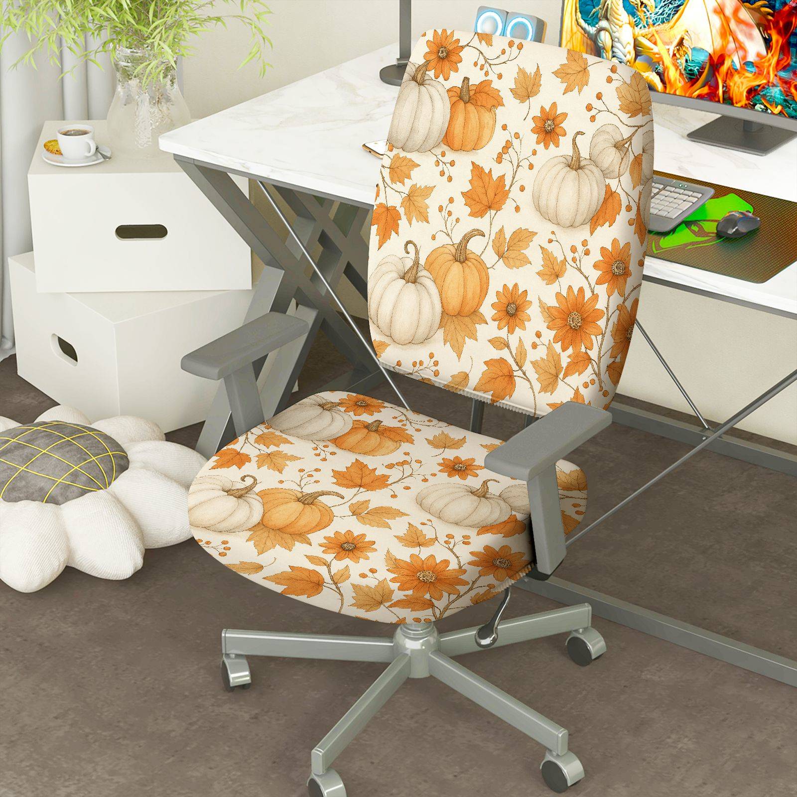 2-Piece Autumn Pumpkin Leaves Floral Thanksgiving  Computer Chair Cover Set, Seat and Backrest