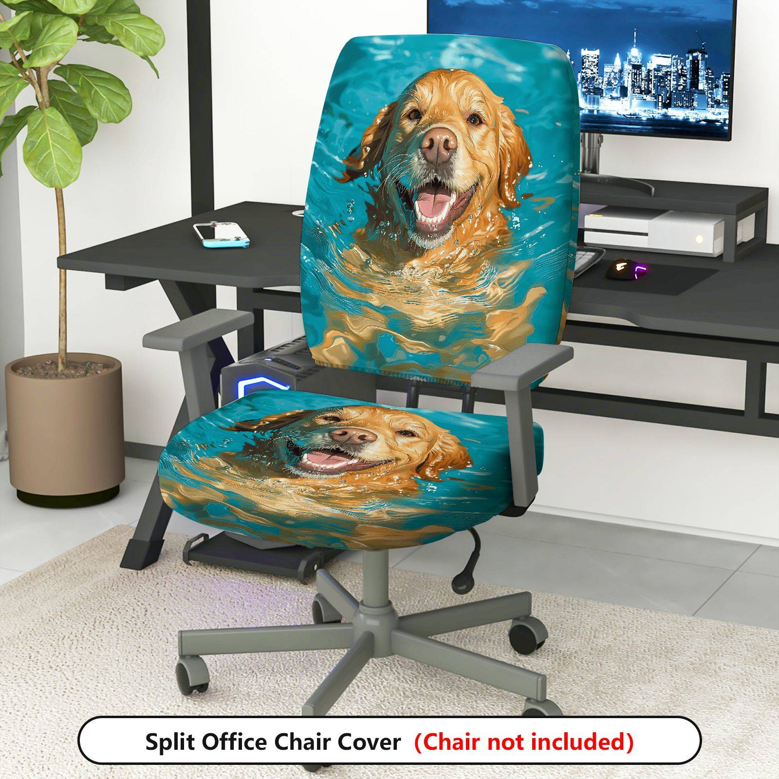 2-Piece Swimming Dog Animal Fun Pet  Computer Chair Cover Set, Seat and Backrest