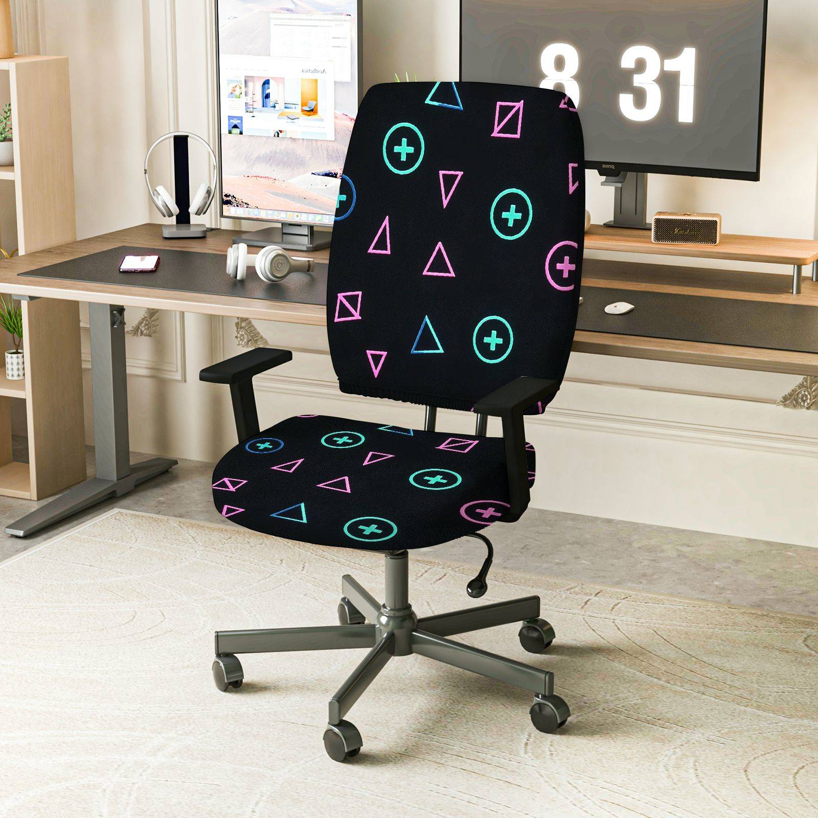 2-Piece Geometric Colorful Modern Stylish Trendy  Computer Chair Cover Set, Seat and Backrest