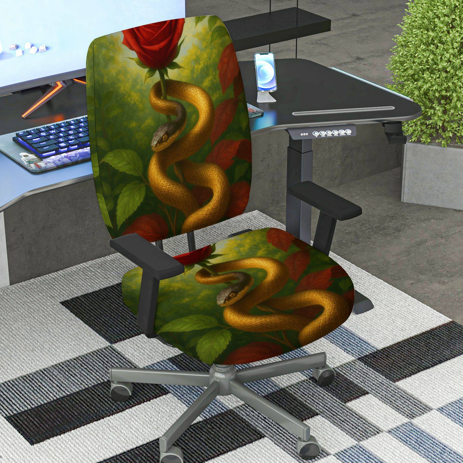 2-Piece Artistic Snake Rose Nature Decorative Vibrant  Computer Chair Cover Set, Seat and Backrest