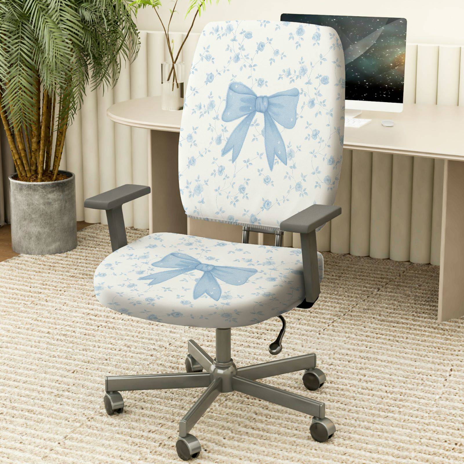 2-Piece Floral Bowknot Pattern Blue White Cute  Computer Chair Cover Set, Seat and Backrest