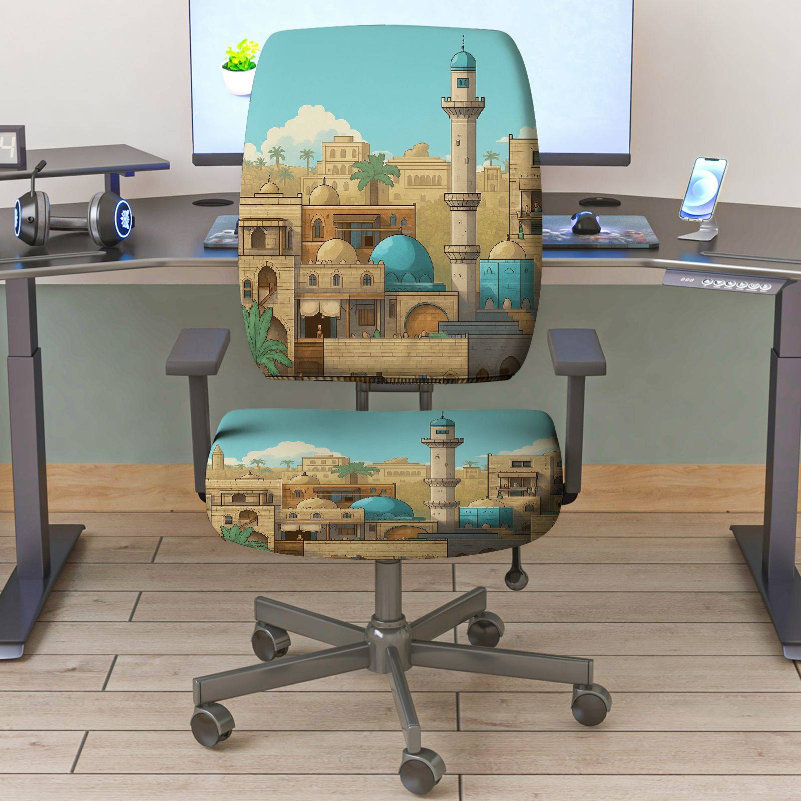 2-Piece Arabian mosque tower scenic pattern  Computer Chair Cover Set, Seat and Backrest