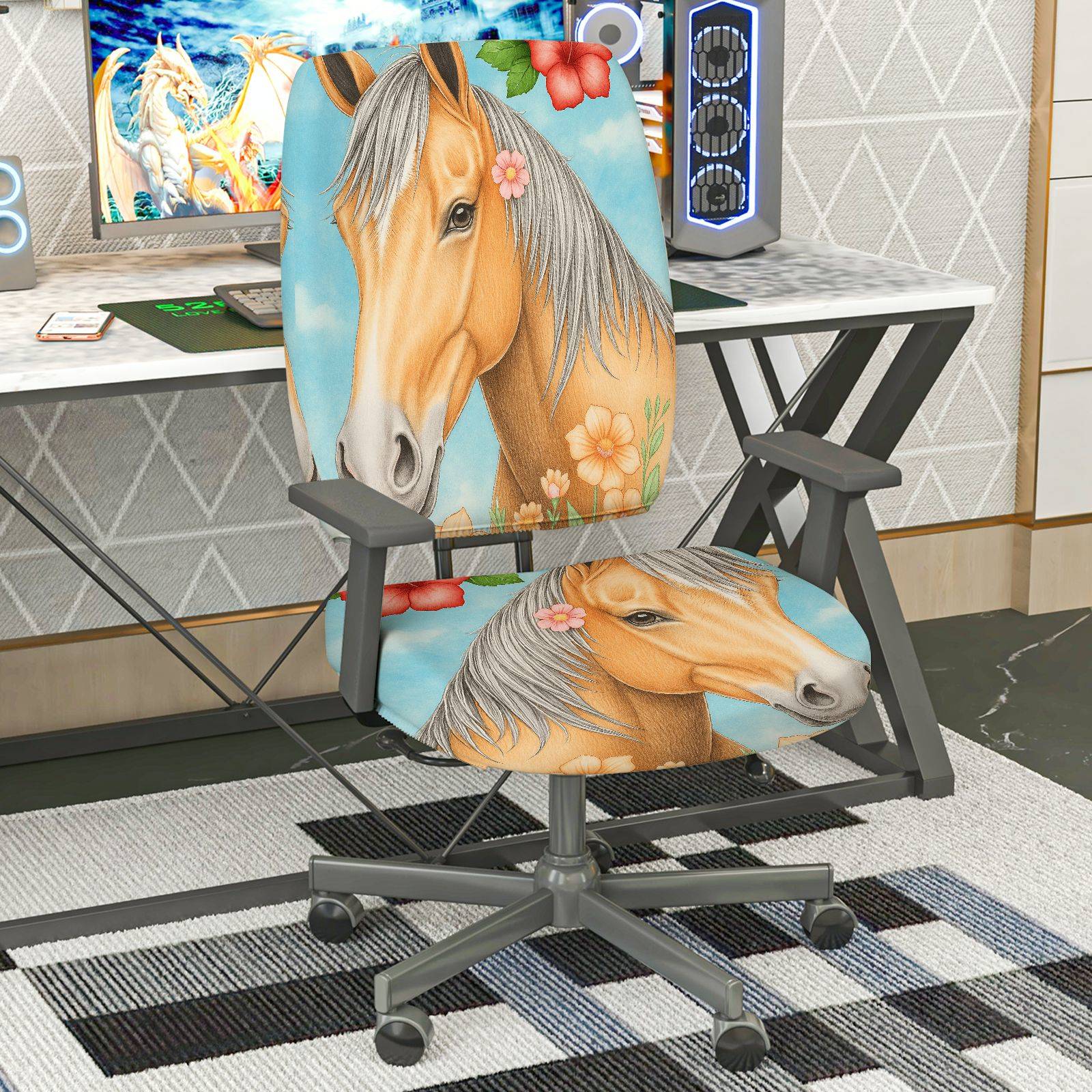 2-Piece Horse Floral Artistic Colorful Nature Animal  Computer Chair Cover Set, Seat and Backrest