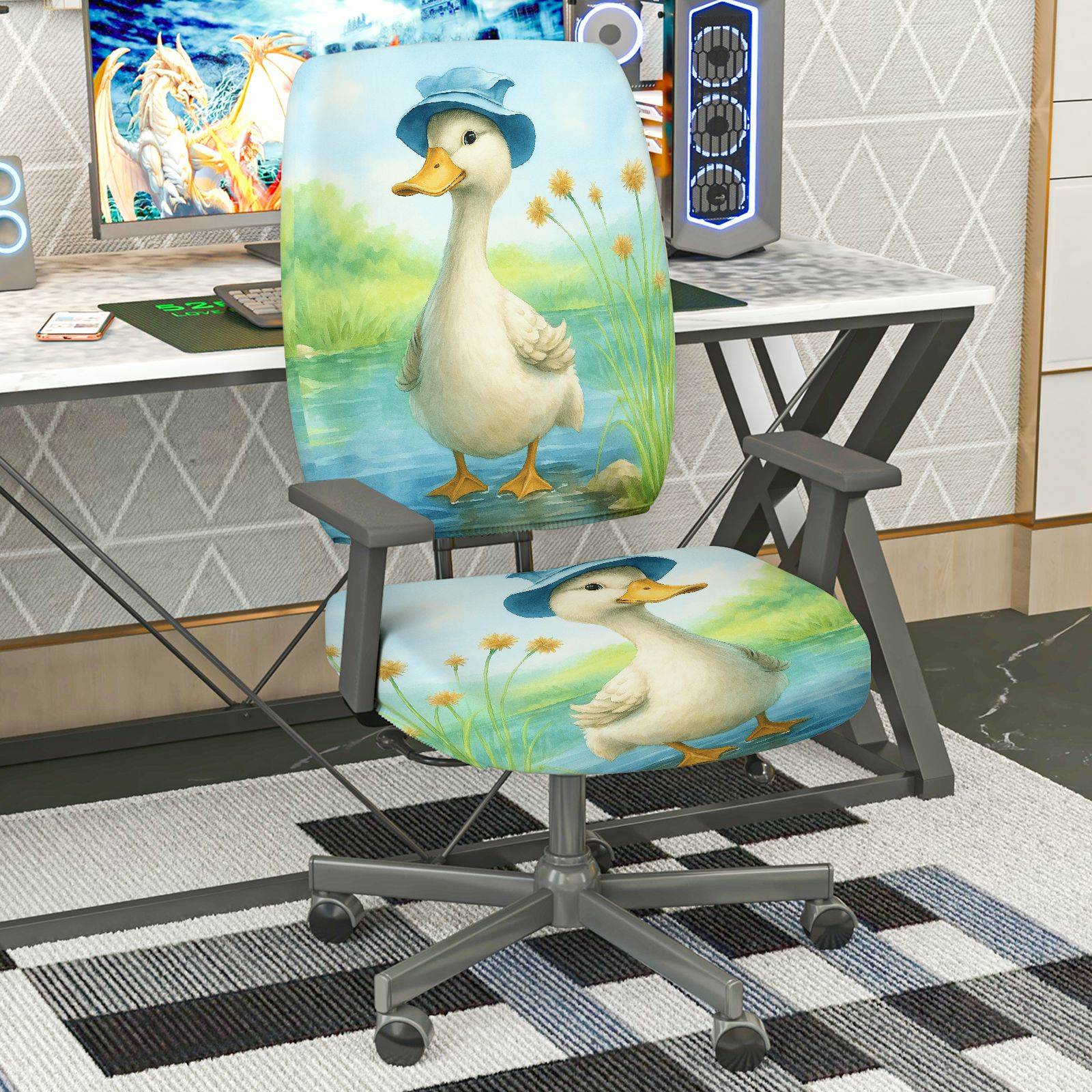 2-Piece Cute Animal Duck Blue Hat Nature Scenery  Computer Chair Cover Set, Seat and Backrest