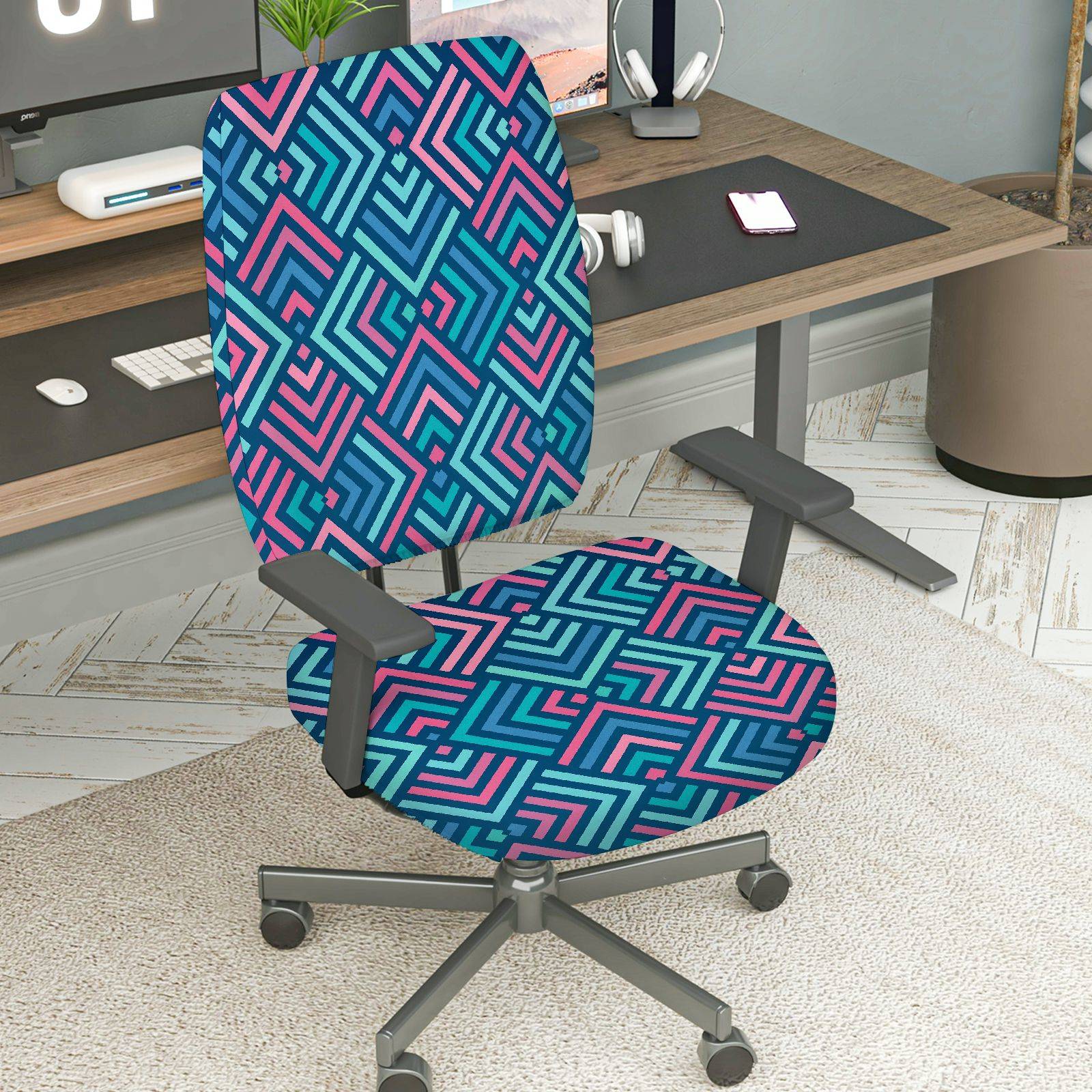 2-Piece Geometric Pattern Colorful Adjustable Modern  Computer Chair Cover Set, Seat and Backrest