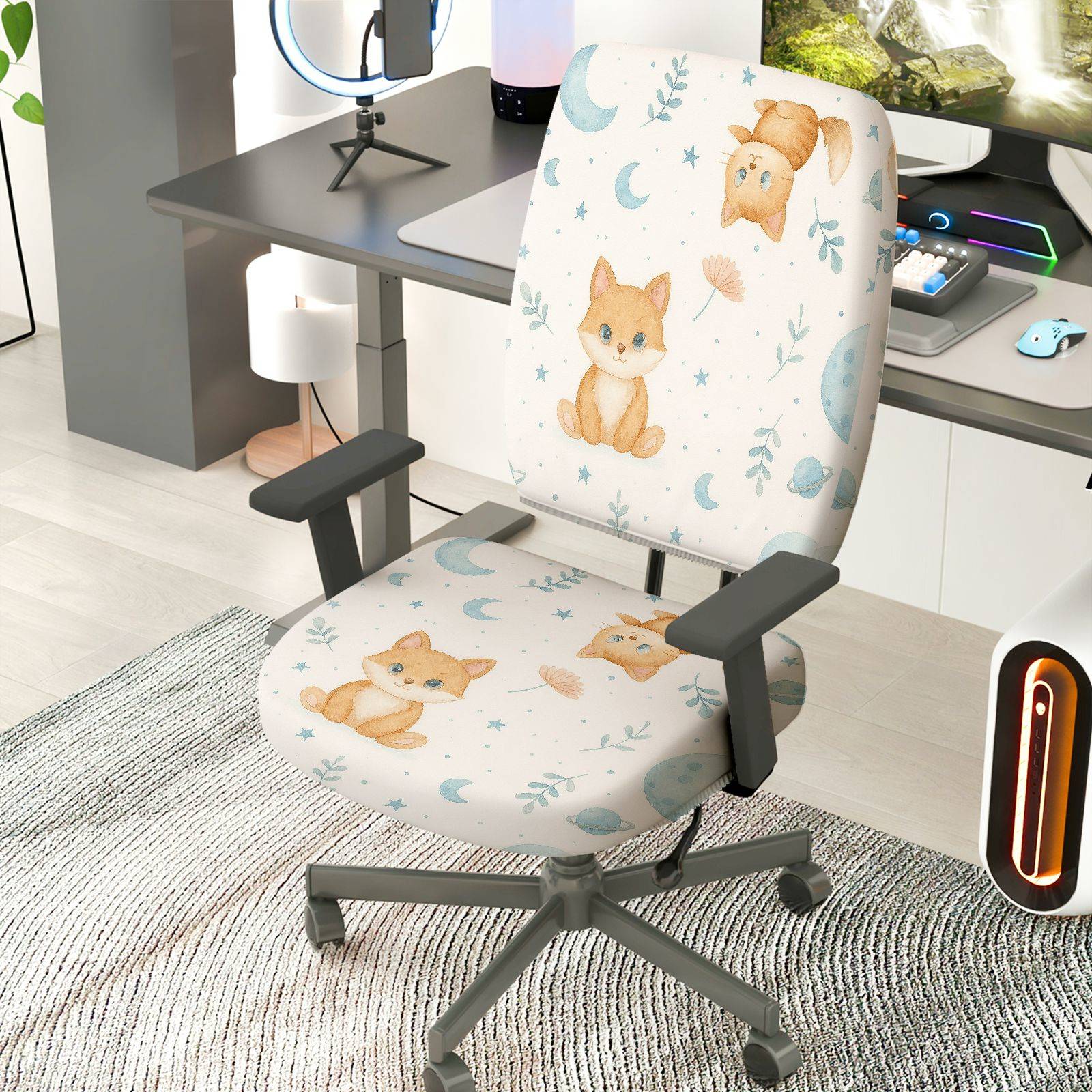 2-Piece Cute Animal Moon Star Floral  Computer Chair Cover Set, Seat and Backrest