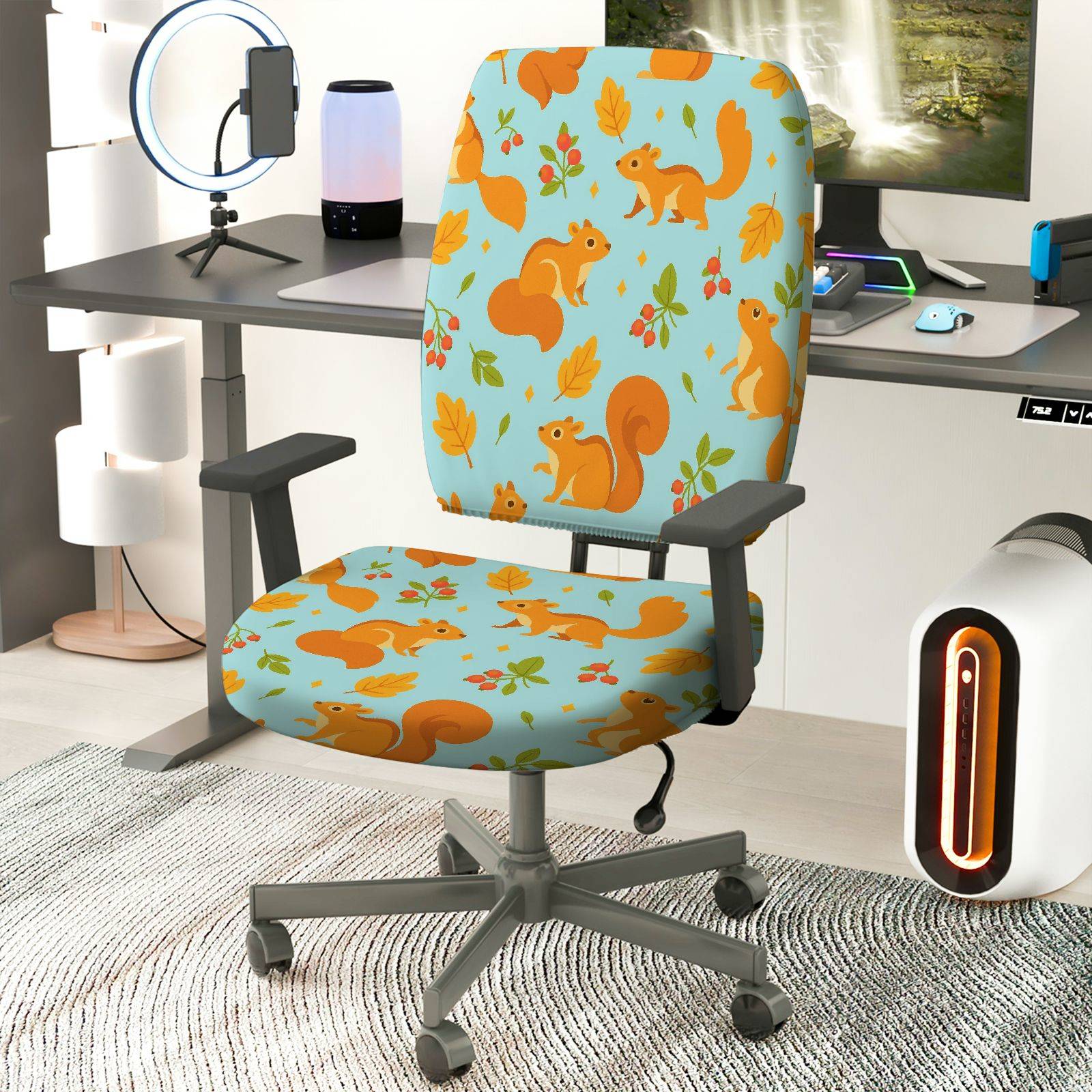 2-Piece Autumn Squirrel Leaves Berry  Computer Chair Cover Set, Seat and Backrest