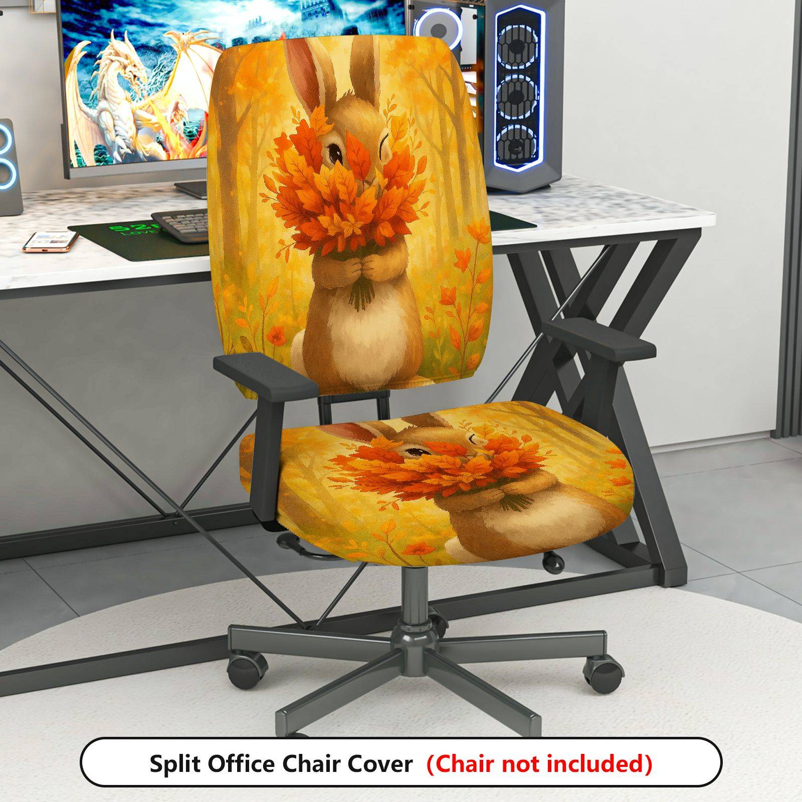 2-Piece Autumn Rabbit Leaves Forest Festival  Computer Chair Cover Set, Seat and Backrest