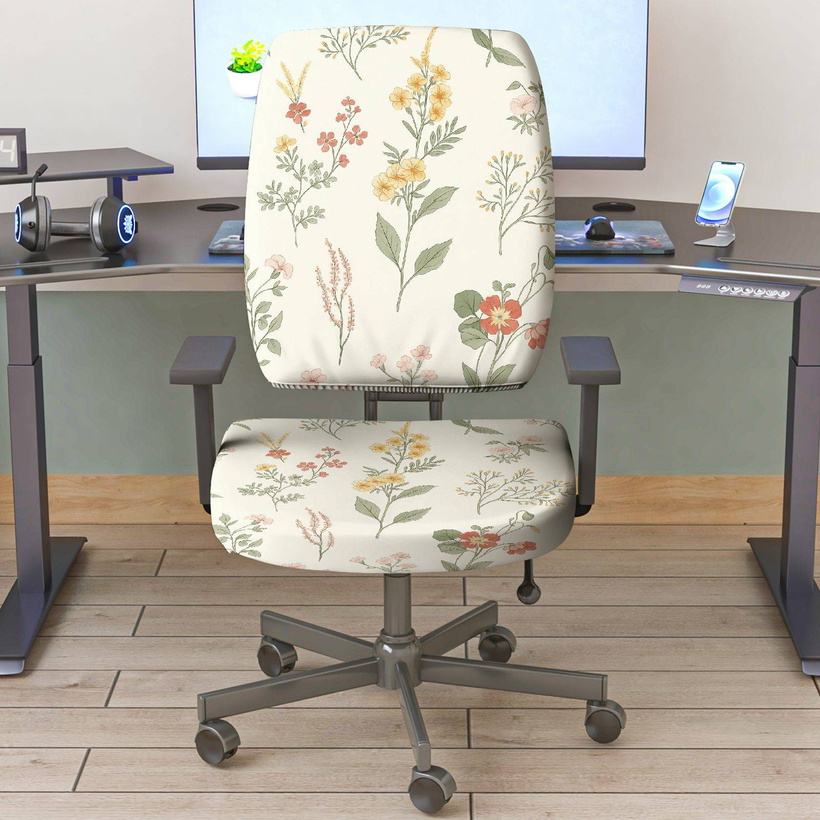 2-Piece Floral Pattern Nature Inspired Decorative Colorful  Computer Chair Cover Set, Seat and Backrest