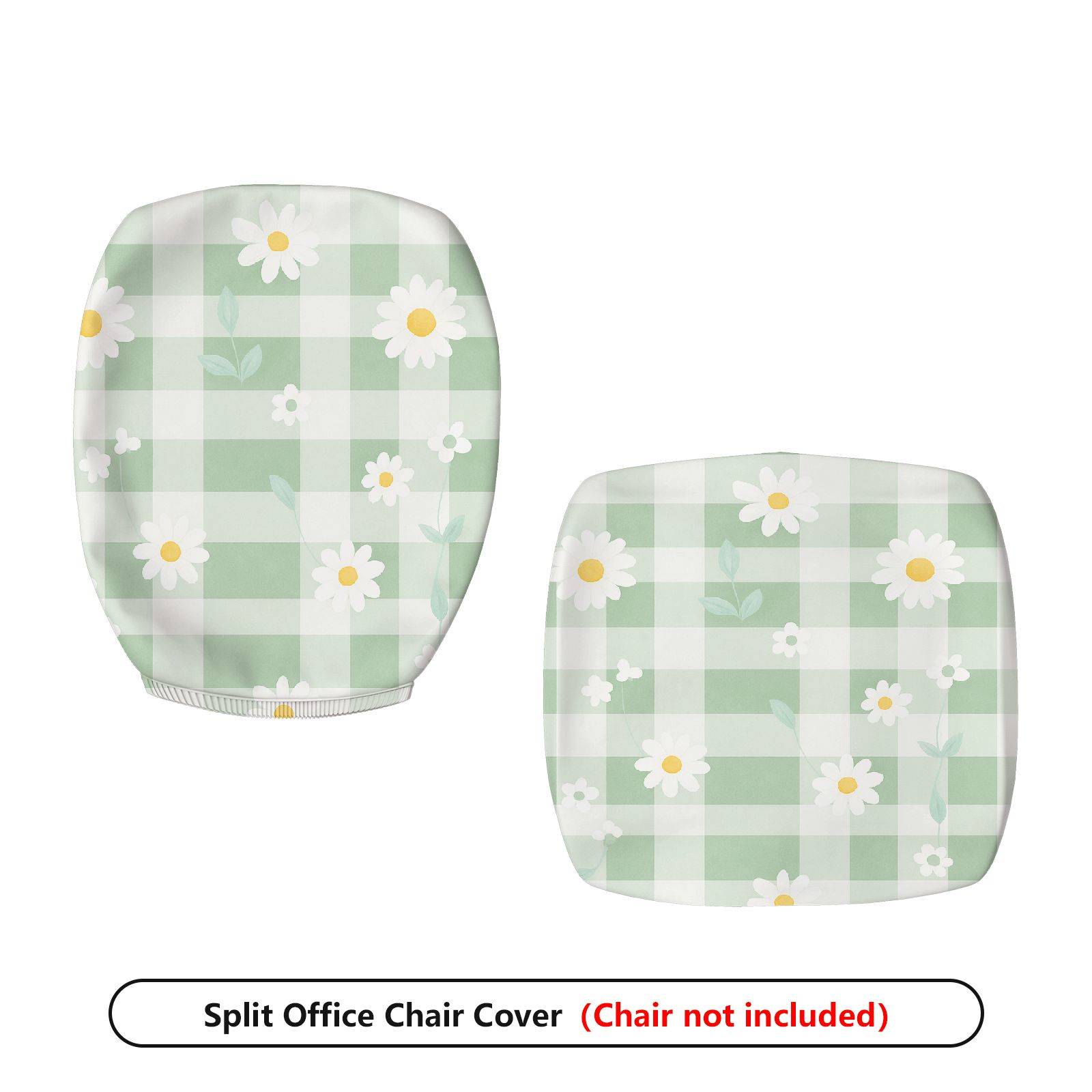 2-Piece Green Checkered Daisy Floral Pattern Spring  Computer Chair Cover Set, Seat and Backrest