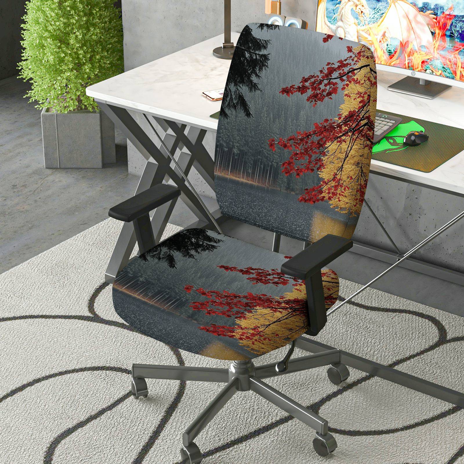 2-Piece Autumn Tree Forest Landscape  Computer Chair Cover Set, Seat and Backrest